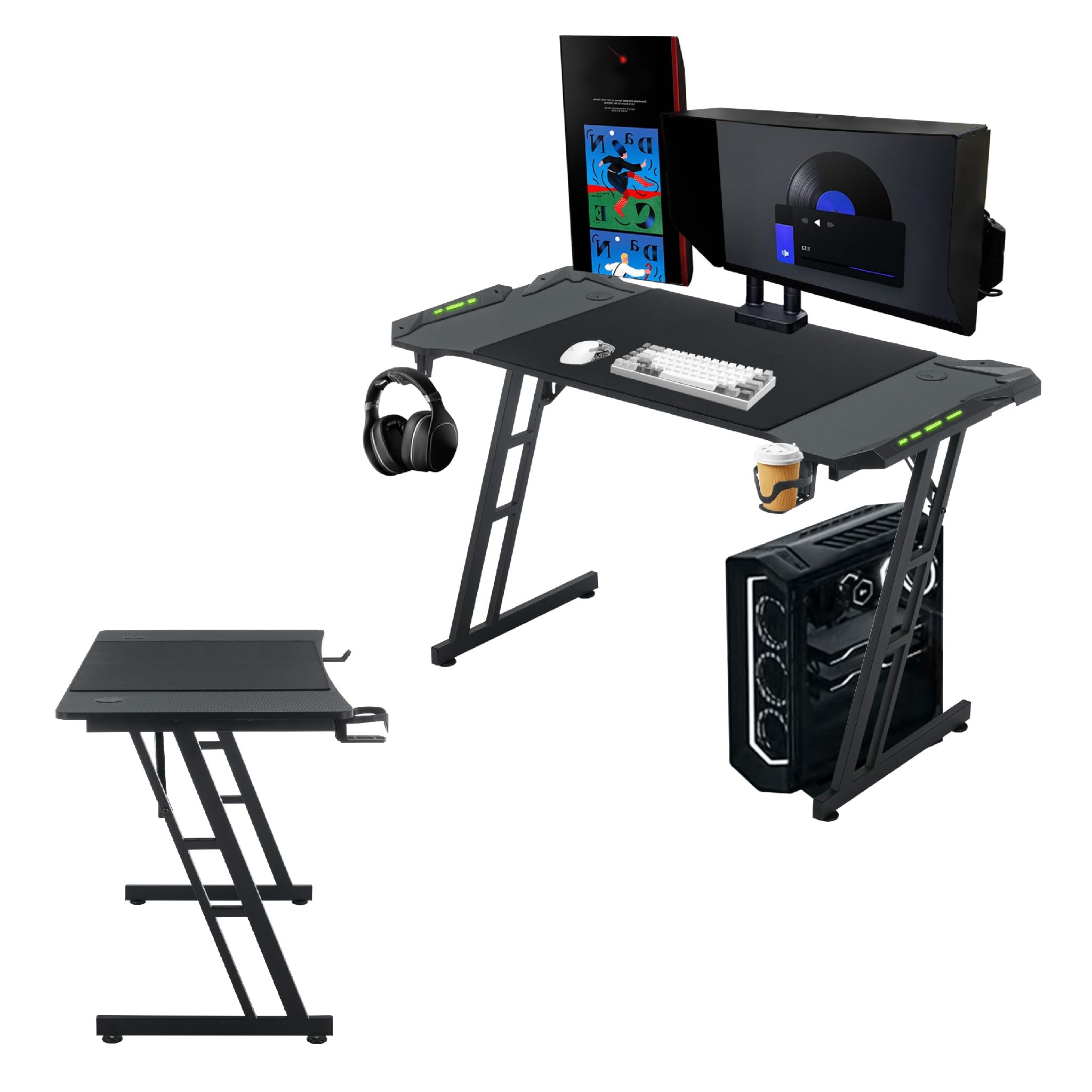 UISEBRT Tavolo da gioco con LED, scrivania da gioco, con superficie in fibra di carbonio, ergonomico, fino a 150 kg, per camera da letto, ufficio, 120 x 60 x 74 cm
