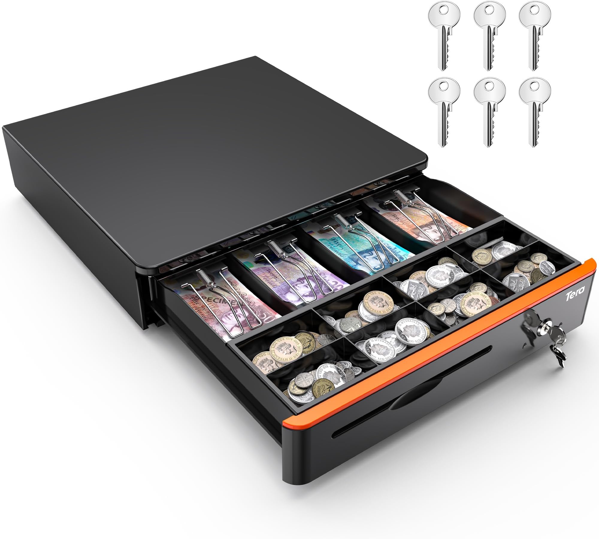 Tera Auto Open Cash Register (with 6 Keys) Till Drawer Box 4 Bill 8 Coin Cash Drawer 41 x 41 x 10 cm for POS System Removable Coin Compartment 12V RJ12 Key-Lock Media Slot for Shops Businesses 405R