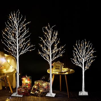 LED Birch Tree Light, 3PK 4Ft, 6Ft, 8Ft With Timer, Lighted Twig Lamp, Prelit Christmas Tree for Xmas Indoor Outdoor Home Party Garden Decor
