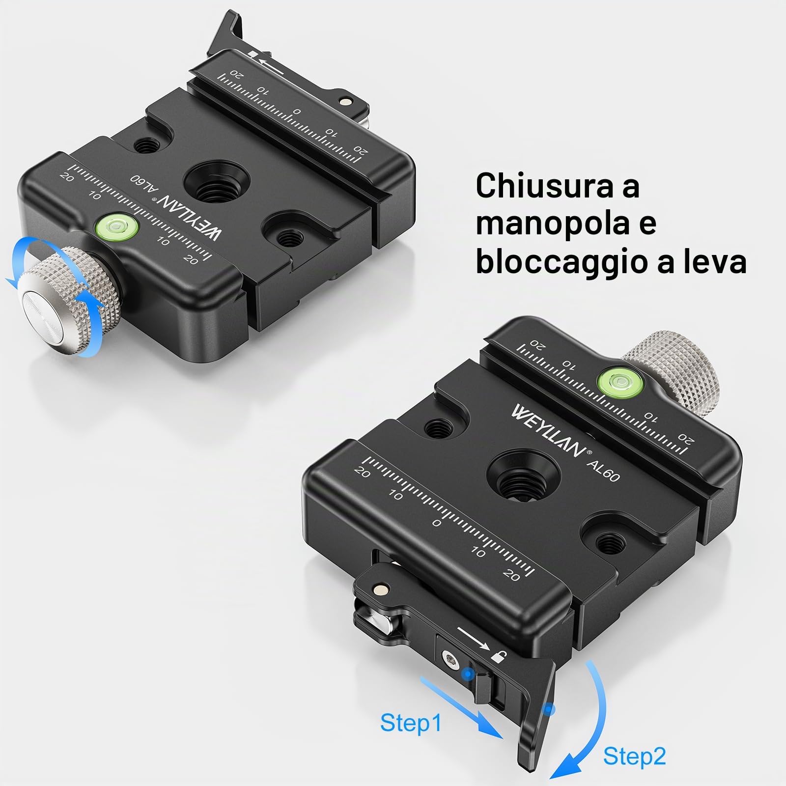 WEYLLAN AL60 Quick Release Plate Clamp, Morsetto per Piastra a Sgancio Rapido, Quick Release Clamp per Arca Swiss, Bloccaggio a Manopola e Bloccaggio a Leva