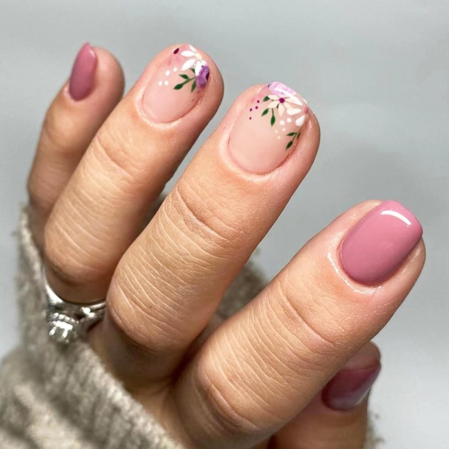 Flower Press on Nails Short Square Pink Fake Nails White Purple Floral Green Leaf Spring Summer Press on Nails for Women Acrylic Manicure Art False