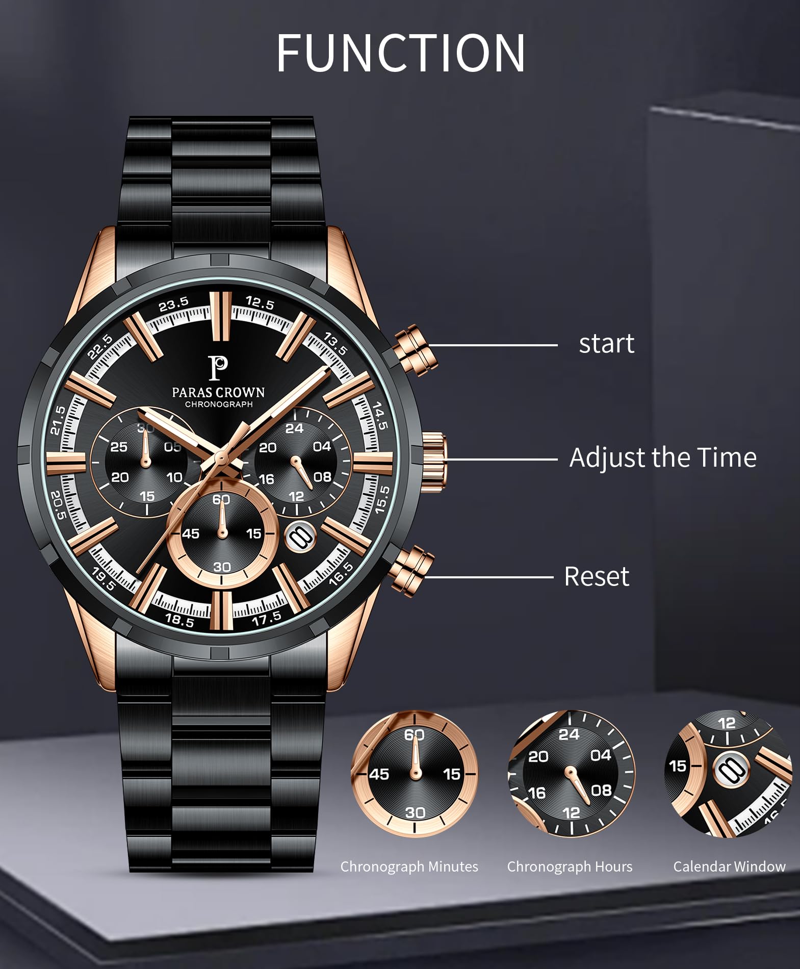 PC PARAS CROWN Orologio Uomo con Movimento al Quarzo Giapponese Cronografo Resistente all'Acqua 5 ATM Cassa in Acciaio Classico Elegante Orologio Cinturino in Silicone
