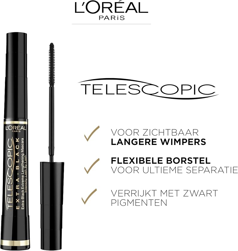 L'Oréal Paris - Mascara Allongeant Telescopic - Noir Intense - Brosse Peigne Flexible - Formule Crème Intensifiante - Couleur : Carbon Black (Noir Carbone) Classic CARBONE BLACK