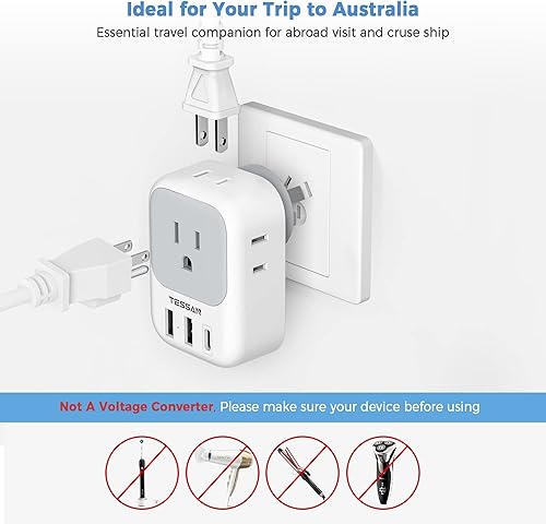 Miniatura 6 de TESSAN - Adaptador de corriente de viaje para AustraliaNueva Zelanda, 4 tomacorrientes de EE. UU., 3 cargadores USB (1 USB C), adaptador de enchufe
