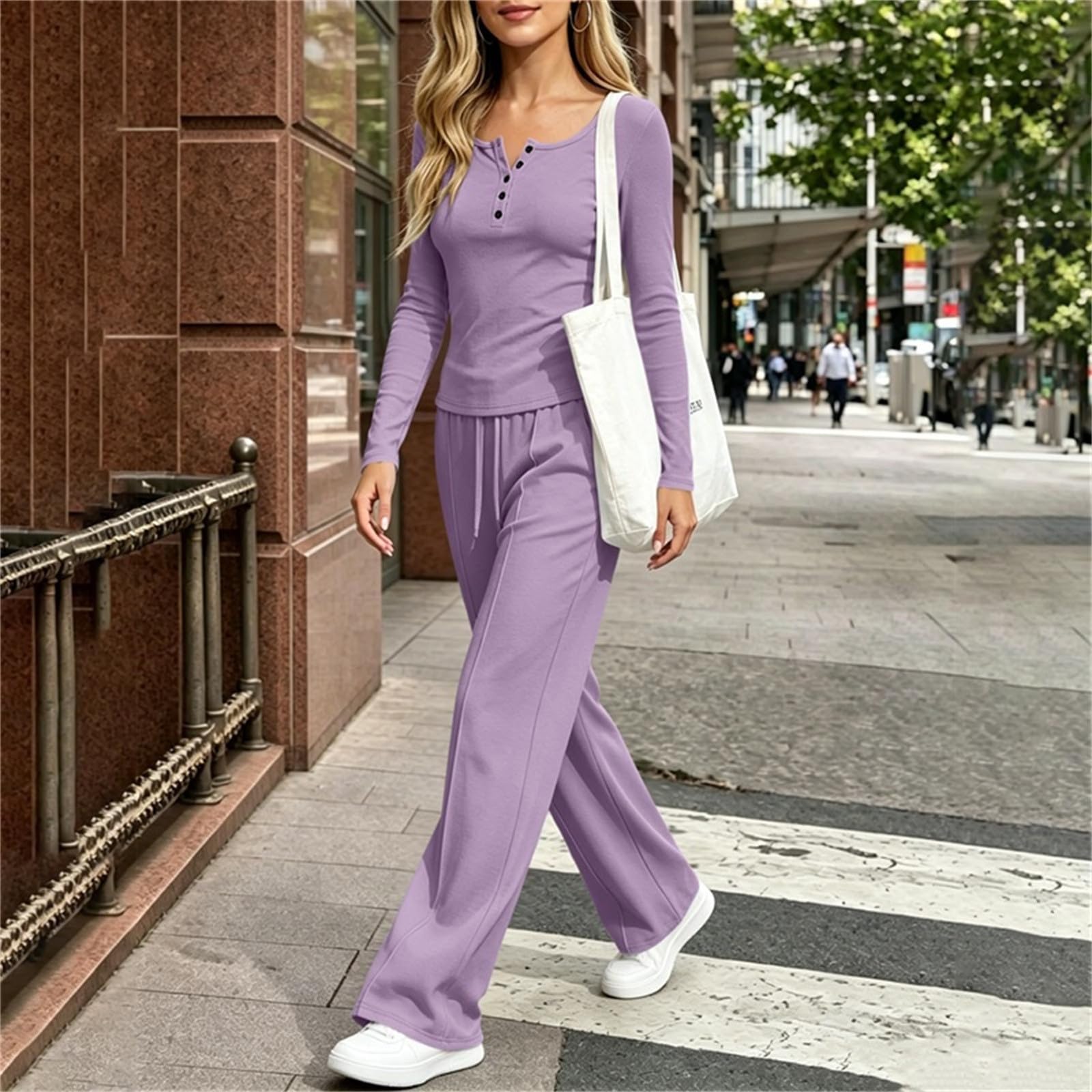 Chandal Mujer,Conjunto de Top Manga Larga y Pantalón Ancho con Bolsillos
