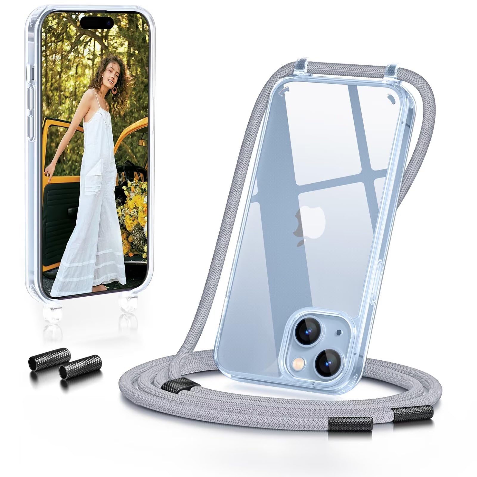 GOODVISH Handykette für iPhone 15 Hülle mit Band | Kameraschutz und Bildschirmschutz | | Necklace Handyhülle mit Schnur Schutzhülle für zum Umhängen | Transparent Case mit Kordel, Silber