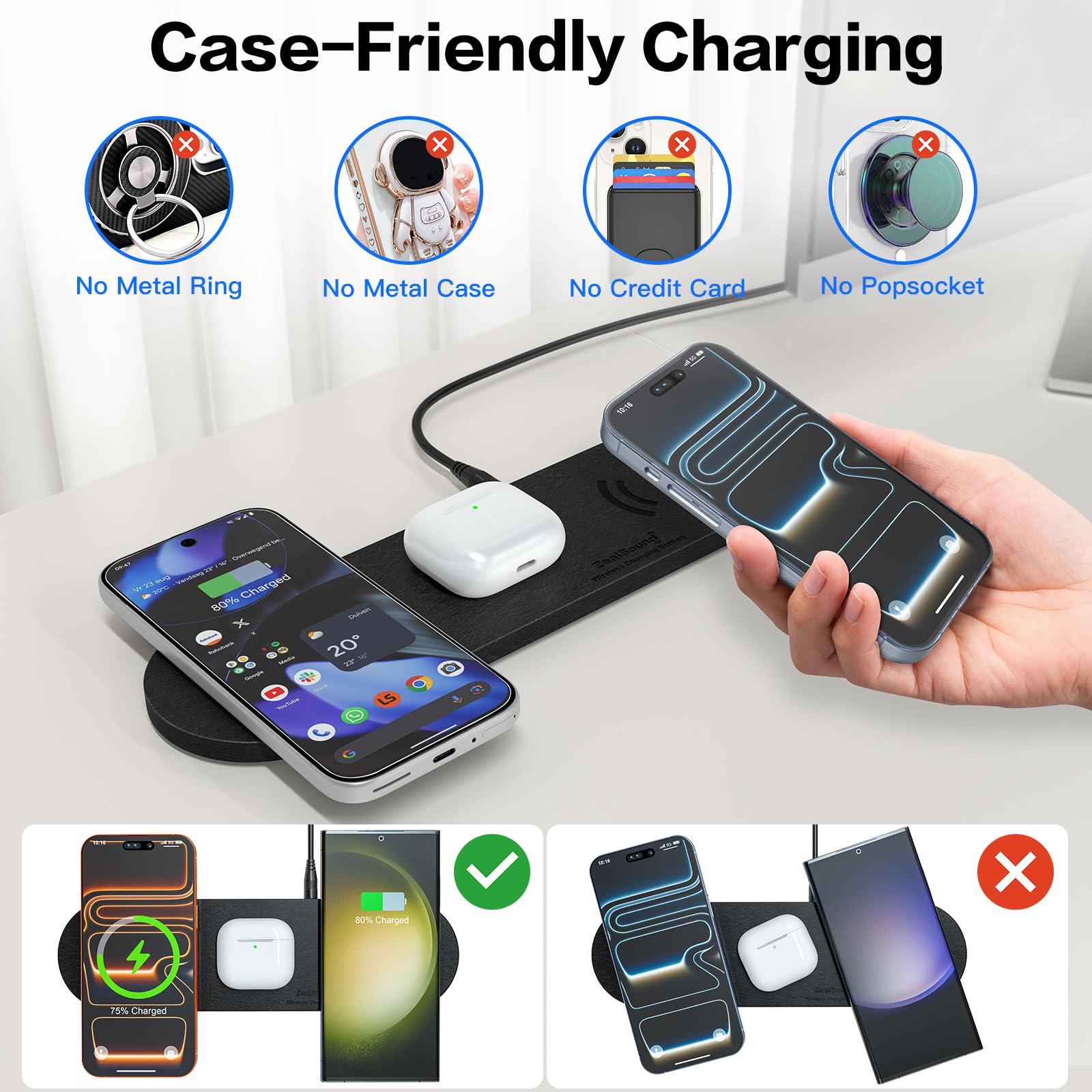 ZealSound 3-in-1 Wireless Charger Pad for Multi Devices - Ultra-Slim PU Leather Triple Wireless Charging Mat for Smartphones & Earbuds, Compatible with iPhones, AirPods, Galaxy Buds, Incl. 36W UK Plug — view 7