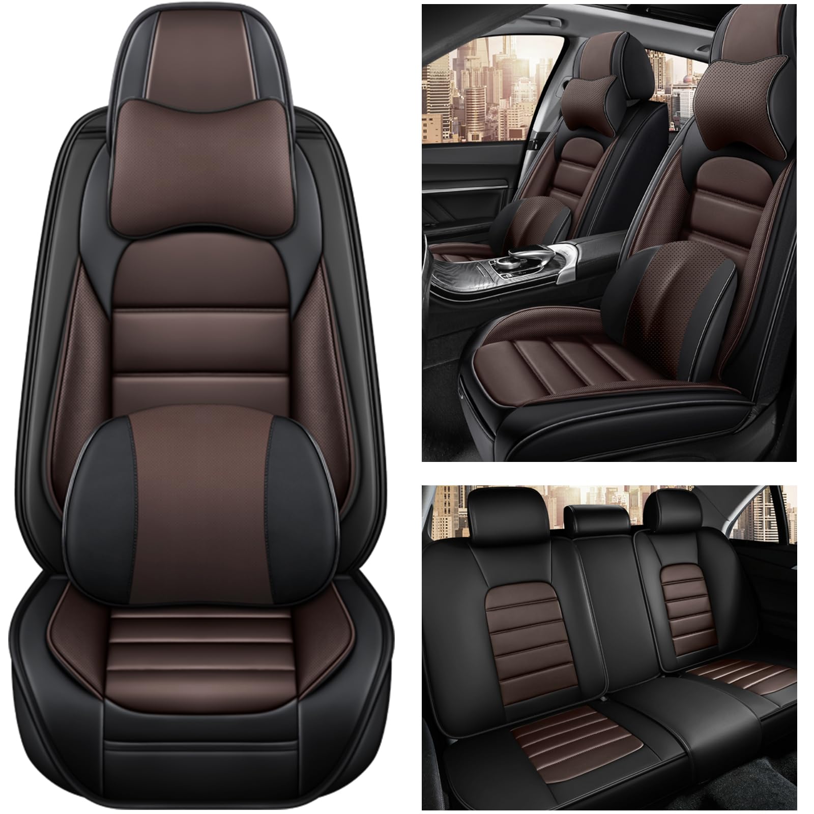 Car Seat Cover for KIA Telluride 2020-2024,Premium Leather Seat Cover,Non-Slip Waterproof Breathable Automotive Seat Covers Fit for Most Cars,(Brown & Classic Black,Full Set with Pillow)