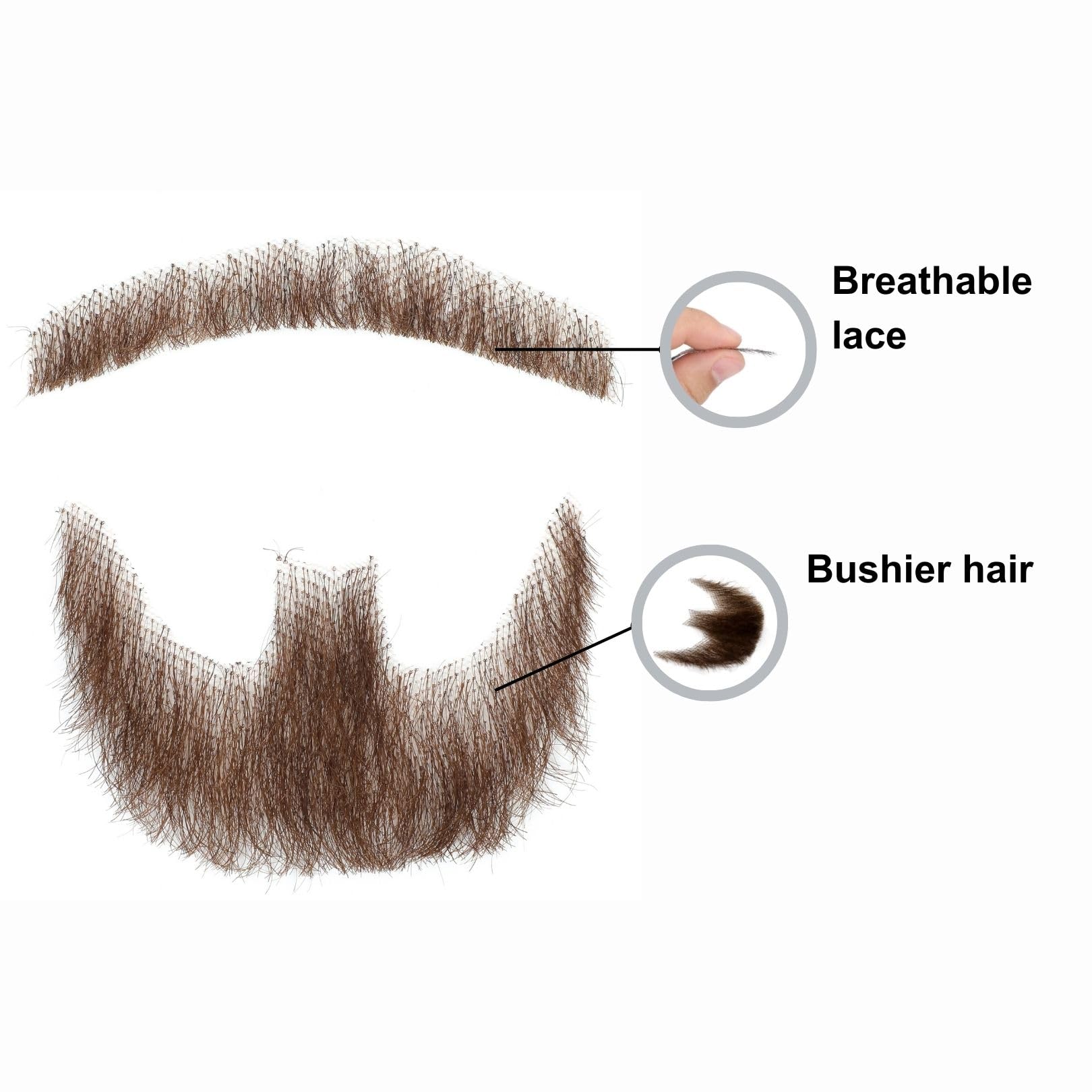 Fake Mustache, Natural Looking Human Hair Fake Beard, Premium Invisible Lace Realistic Costume Beard for Halloween, Parties, Cosplay or Film Makeup (Brown Fake Mustache)