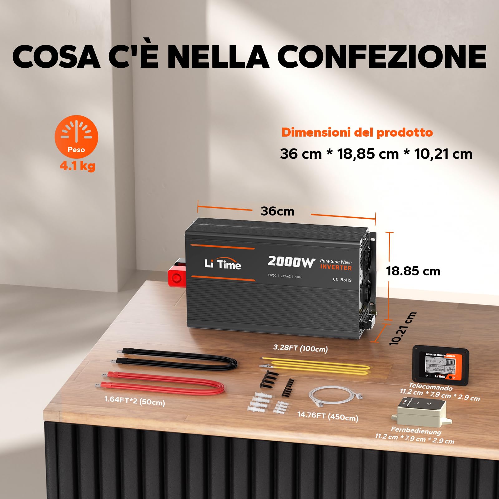 LiTime 2000W Inverter a Onda Sinusoidale Pura, Inverter con Prese di Corrente 2*AC, Schermo di Monitoraggio per lo Stato in Tempo Reale, Convertitore da 12VDC a 230VAC, per Caravanning