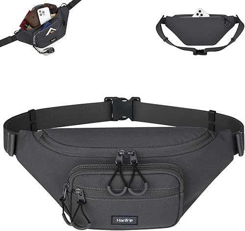 HanTrip Fanny Packs for Women Men, Large Travel Fanny Pack Lightweight Crossbody Waist Bag Large Capacity, Water Resistant Belt Bags with Adjustable Strap for Hiking, Cycling (Dark Gray)