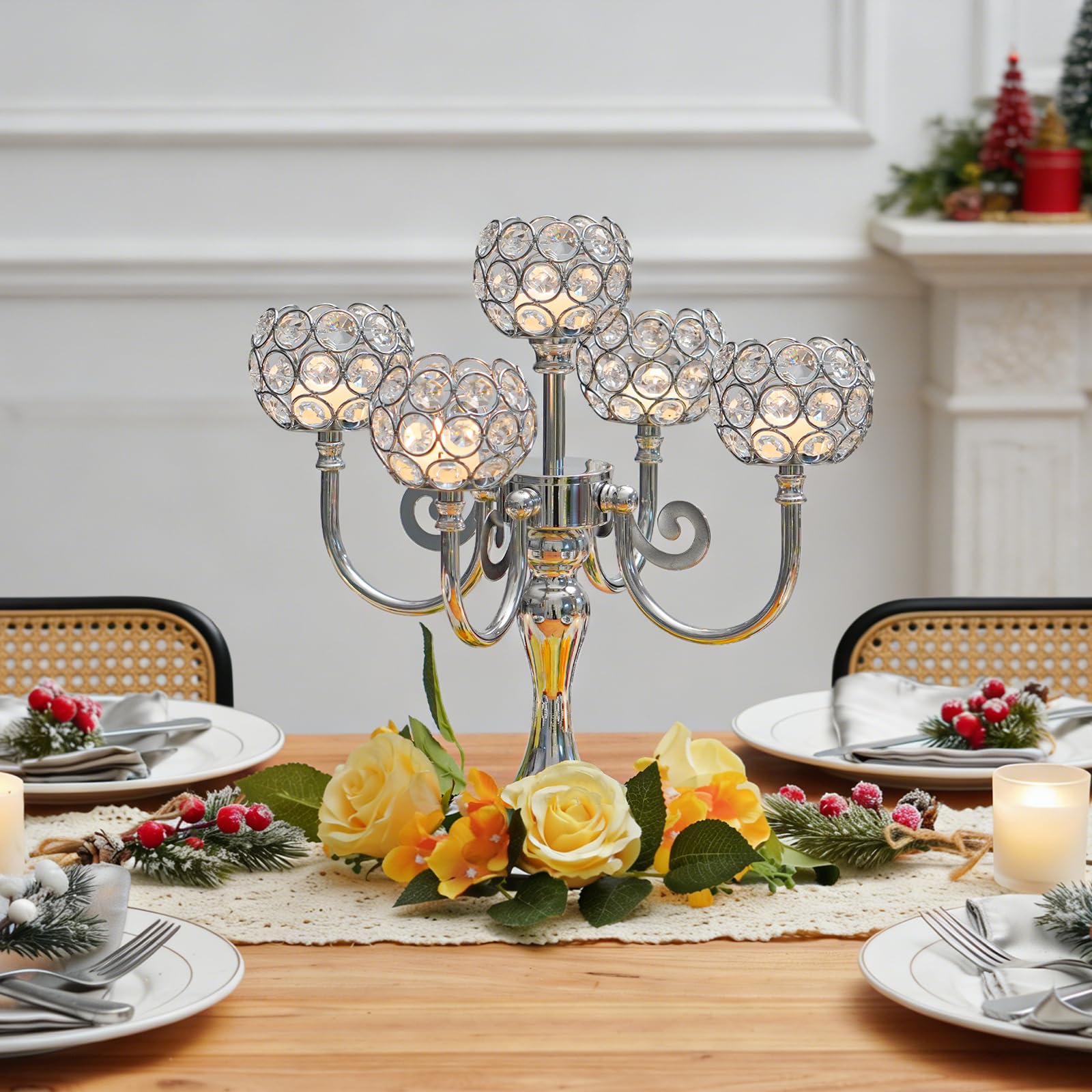 Centrotavola a 5 bracci in metallo con cristalli, 34 cm, elegante portacandele con perline di cristallo, per matrimoni, feste, Natale, decorazione per tavolo da pranzo (2, argento)