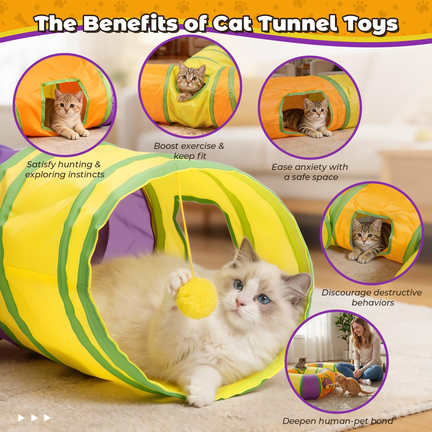 Tunnel per gatti da interno a forma di 6, casetta tunnel per gatti pieghevole tubo con pompon pendenti e foro interattivo per gattini, cuccioli, conigli, furetti e porcellini d'India
