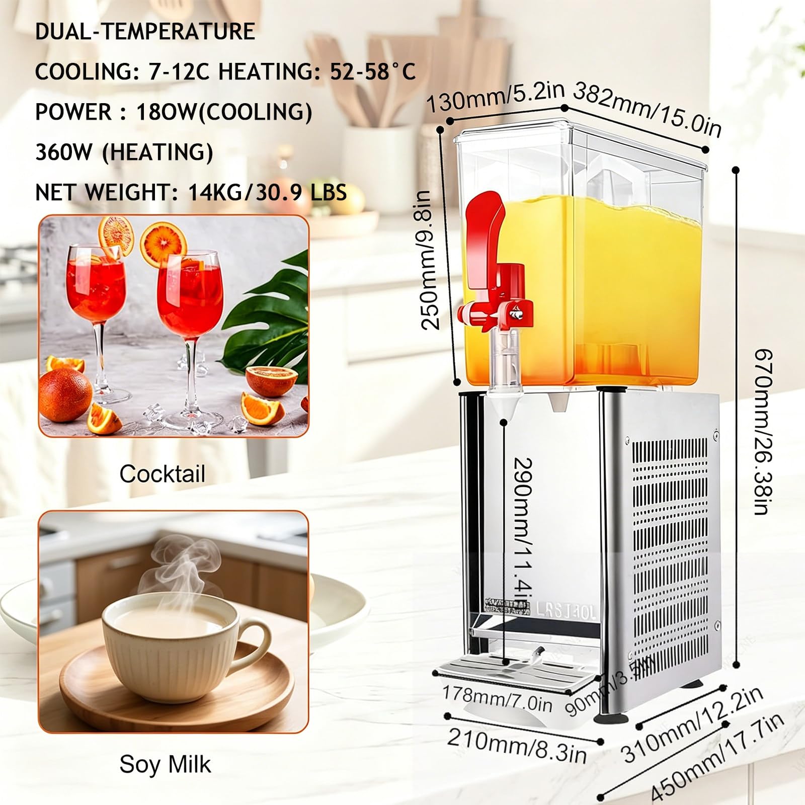Distributore di bevande, 10 l, in acciaio inox, per feste, bevande calde e fredde, dispenser versatile per succhi di frutta, grande capacità
