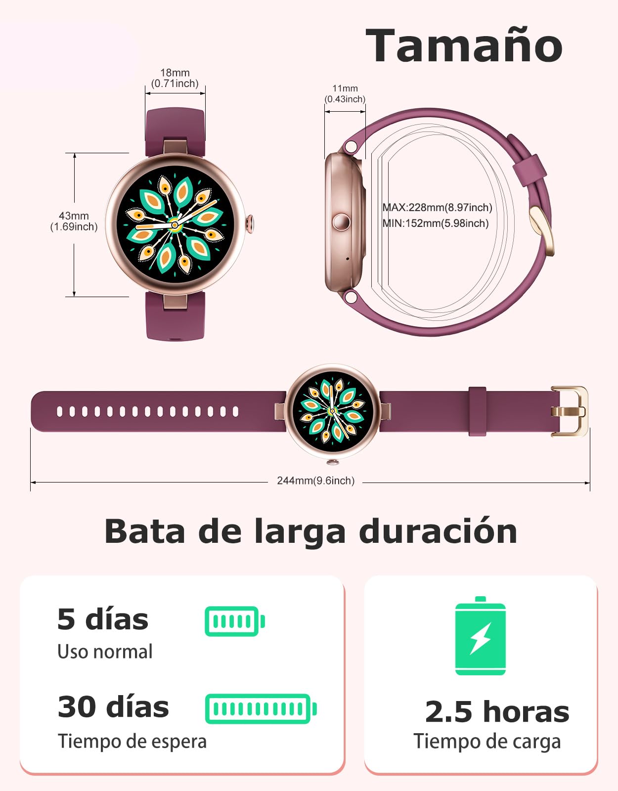 Reloj Inteligente Mujer con Llamadas Bluetooth 5.3, Pantalla AMOLED 1.09" Redondo y Pequeño, 5ATM Impermeable, Whatsapp Notifications, Pulsómetro, SpO2, 100+ Deportes, Android/iOS, Morado