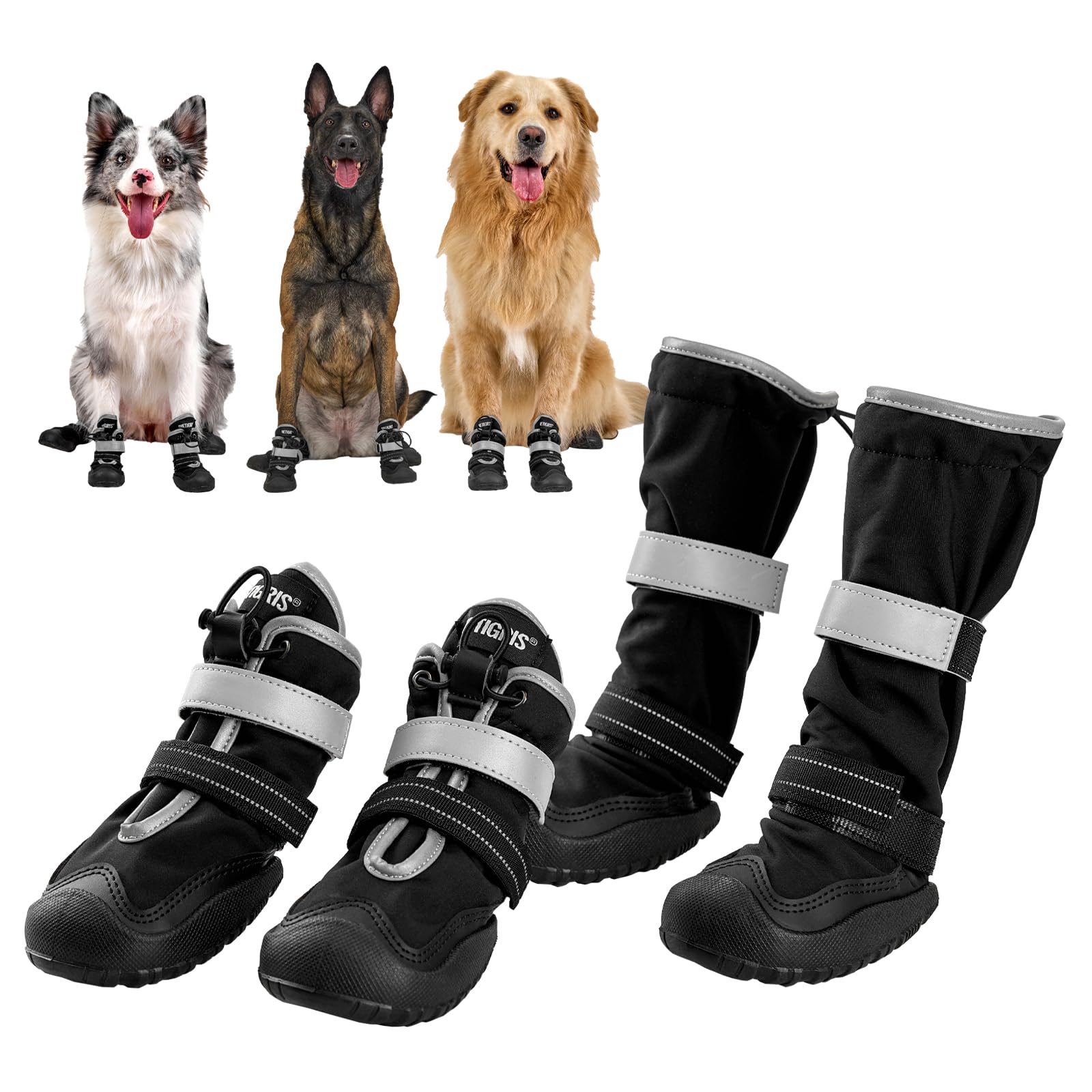 Dog Boots Paw Protector, Breathable Dog Boots for Injured Paws Waterproof, Dual Adjustable Washable Non-Slip Shoes for Walking, Reflective Dog Shoes (Black, #8(Length:4.13"; Width:2.95"))