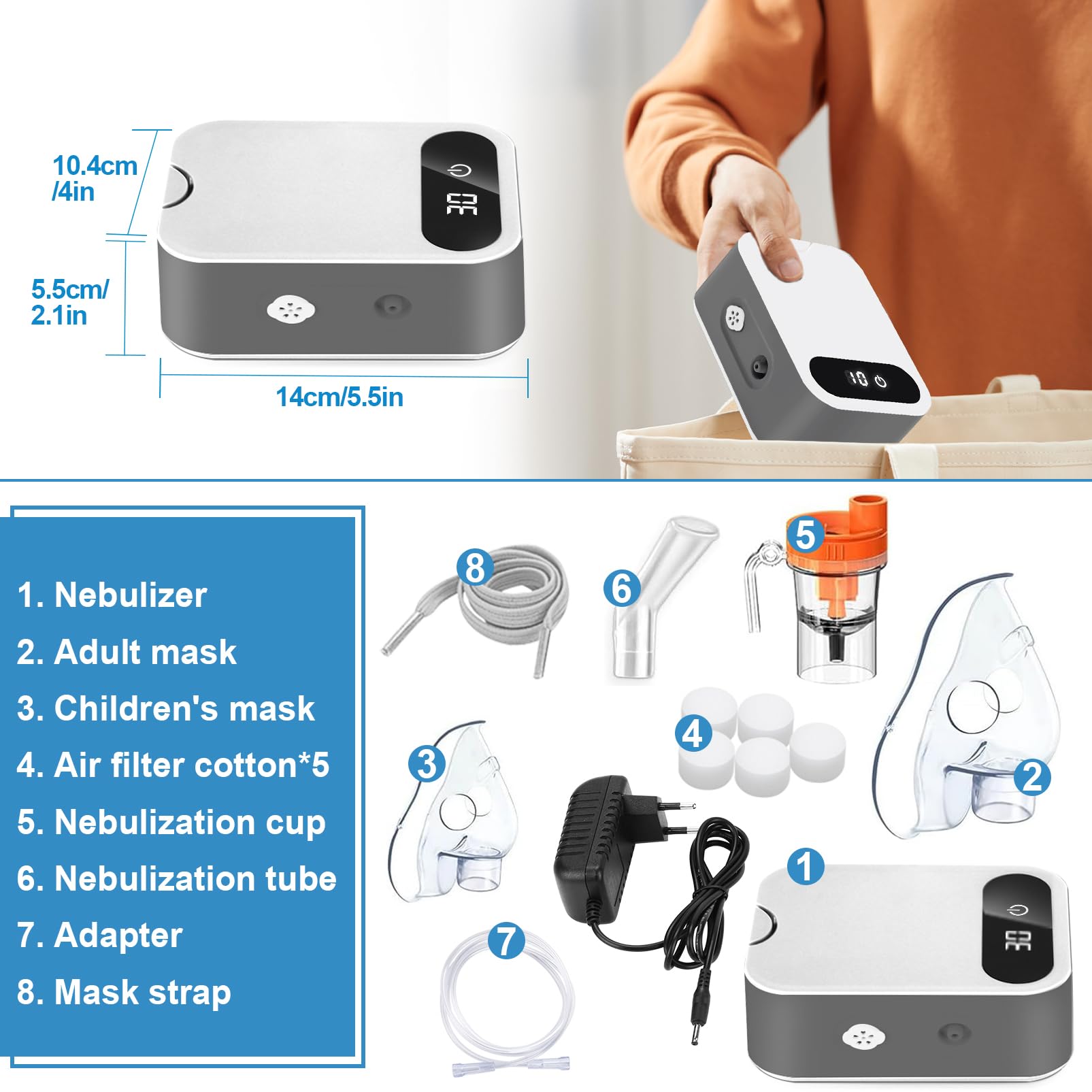 Nebulisateur Portable Pour Enfants et Adultes, Aerosol Portable Avec Affichage Numérique Led, Nébuliseur Pour Rhume Asthme Et Le Traitement Des Maladies Respiratoires (Gris)