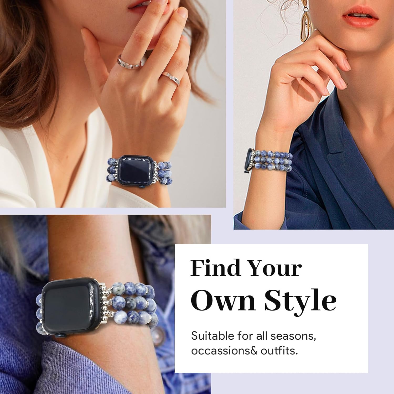 JR.DM Natural Stone Beaded-Bands Women Compatible with Apple Watch Series 11 10 9 8 7 6 5 4 SE 3 2 1 Ultra Fashion Stretch Handmade Bracelet Boho Elastic Strap for iWatch 42mm(S3/2/1) 44/45/46/49mm - Image 5