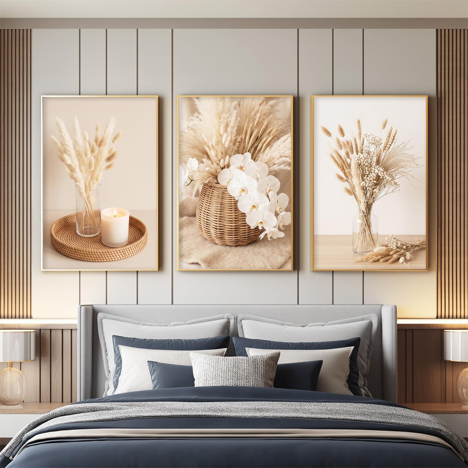 Generisch 3-teiliges Wandbild Leinwand Set 50 x 70 cm, Ohne Rahmen Triptychon Ästhetische Kunstdrucke Stillleben Fotografie für Wohnzimmer & Schlafzimmer, Trockenblume Weizenähre