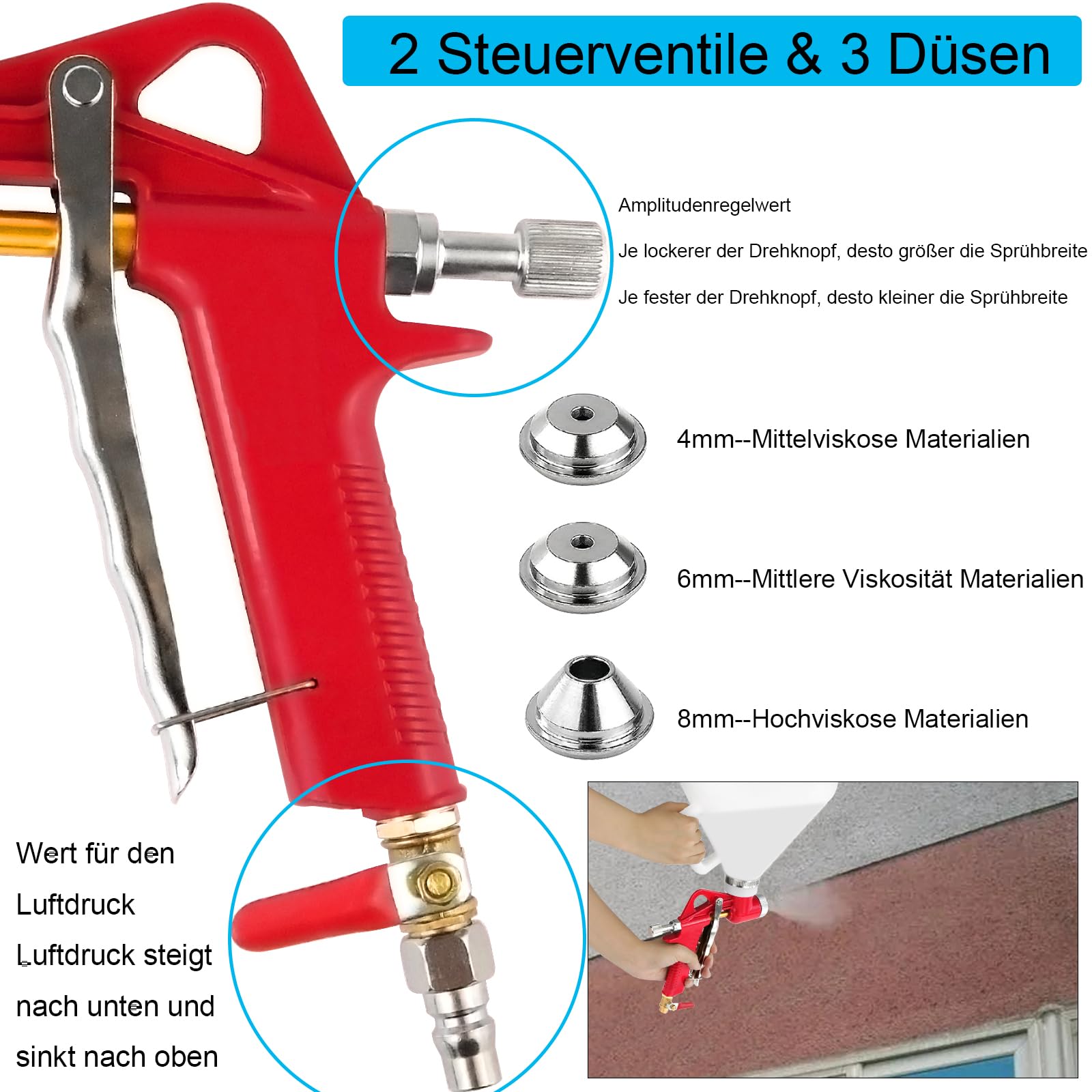 Trichterpistole 6L Putzlackierpistole,Air Textur Pistole mit 3 Düsen (4.0mm/6.0mm/8.0mm) Farbsprühsystem für Wände, Decke, Schlamm, Spritzpistole