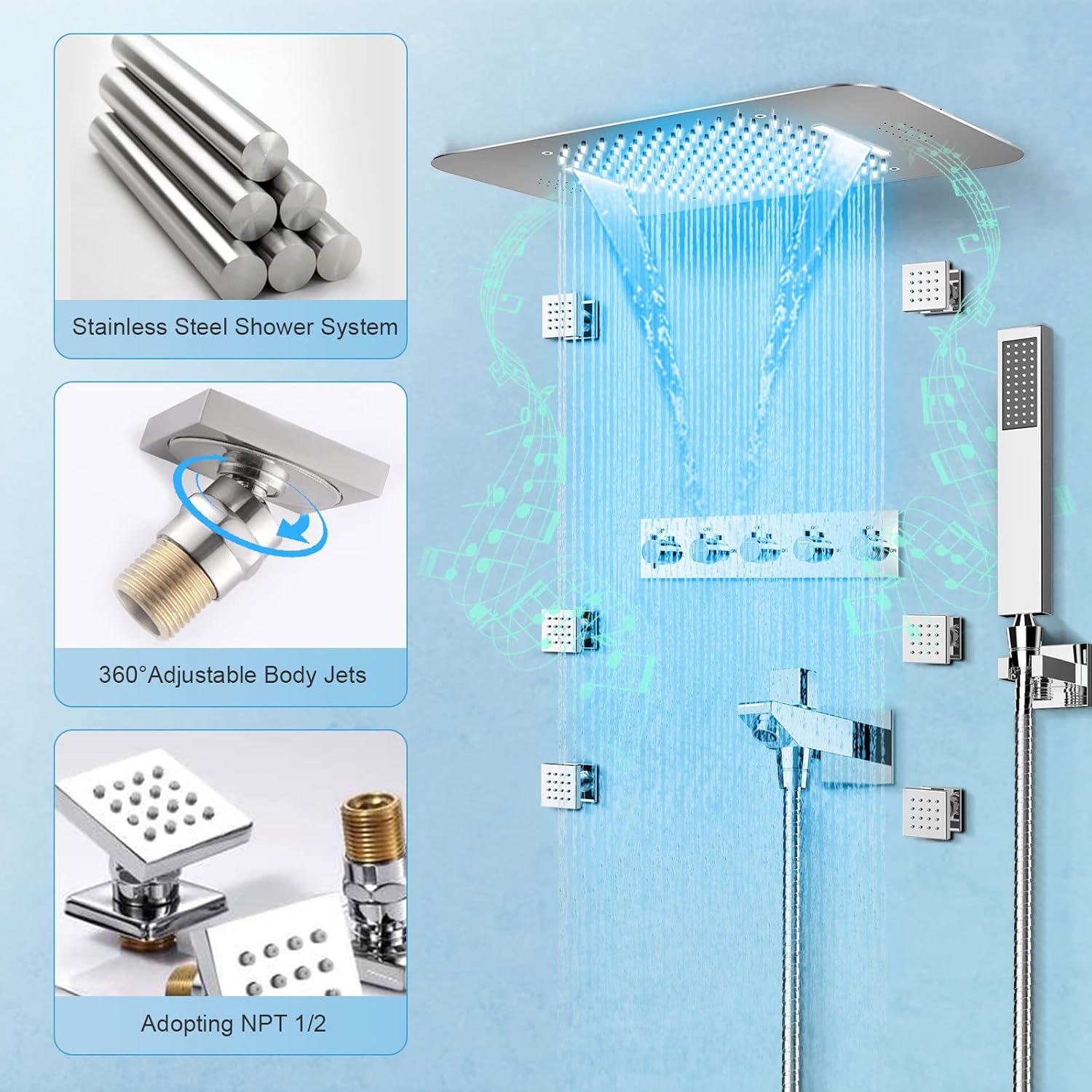 Thermostatic Shower System, 23 Inch BZXYN Ceiling Mount Shower System with Body Jets, LED Music Rainfall Shower System with Handheld and Body Jets, Bathroom Shower Faucet Set in Chrome