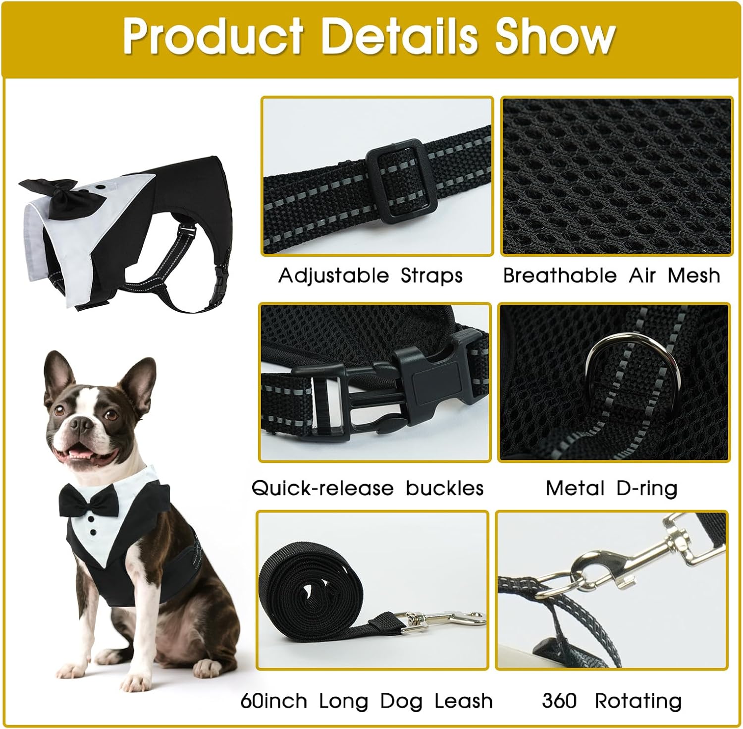 BRKURLEG Dog Vest Tuxedo Harness, Adjustable No Pull Tuxedo for Small Medium Dogs, Dog Wedding Party Suit with Bow Tie, Pet Costume Outfit with Leash for Birthday Christmas Halloween, Black, XL