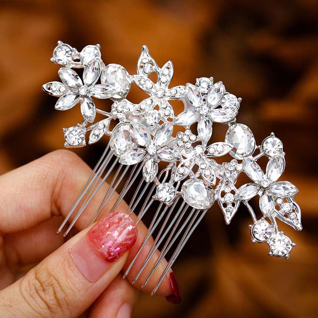 Foyte Crystal Bride Wedding Hair Comb Silver Flower Bridal Headpieces Leaf Hair Pieces Rhinestone Bridesmaid Side Combs Hair Accessories for Women (