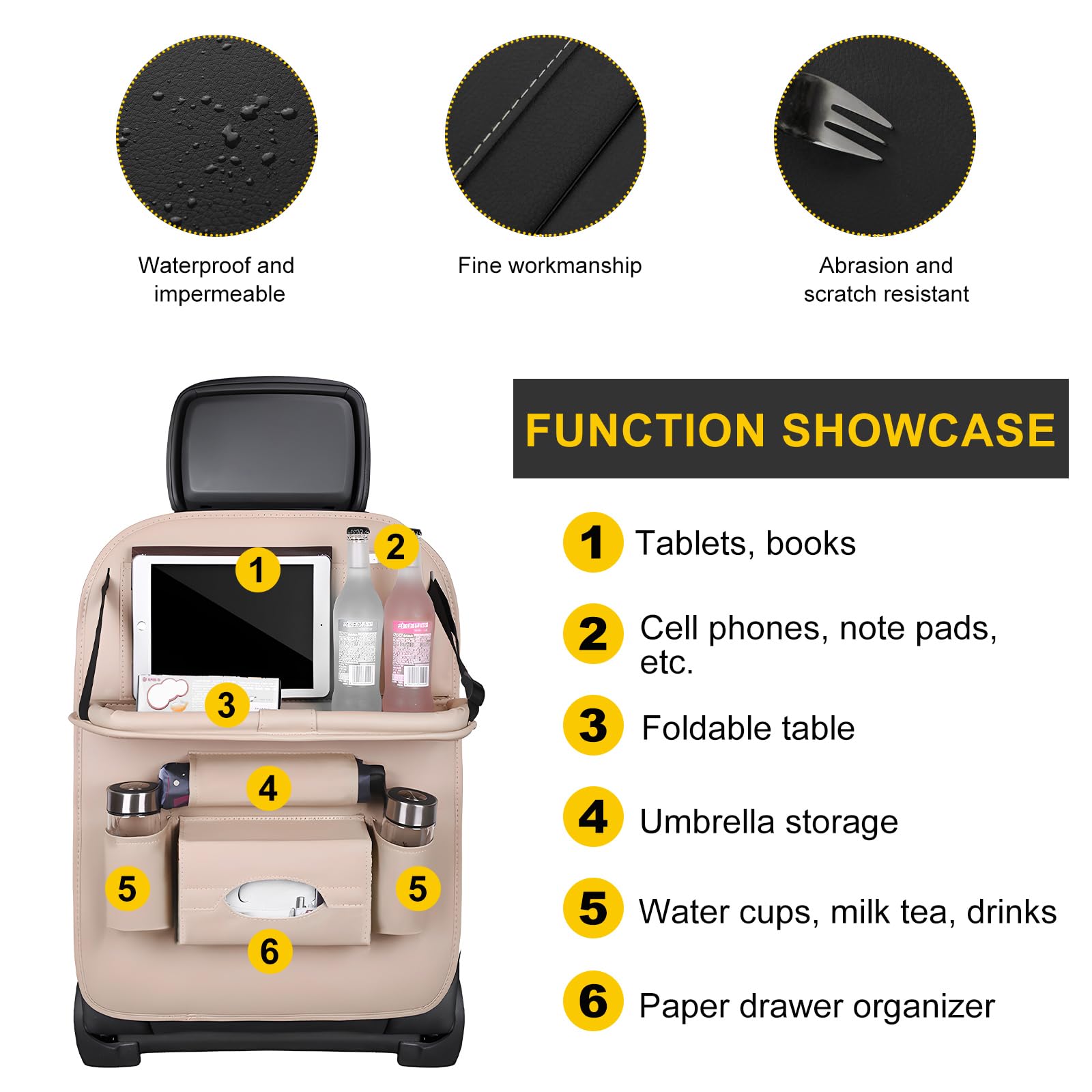 povtii 2 bolsillos traseros para asiento de coche, organizador de asiento trasero de cuero impermeable para niños, organizador de coche mejorado con bolsillos para tablet, accesorios universales para