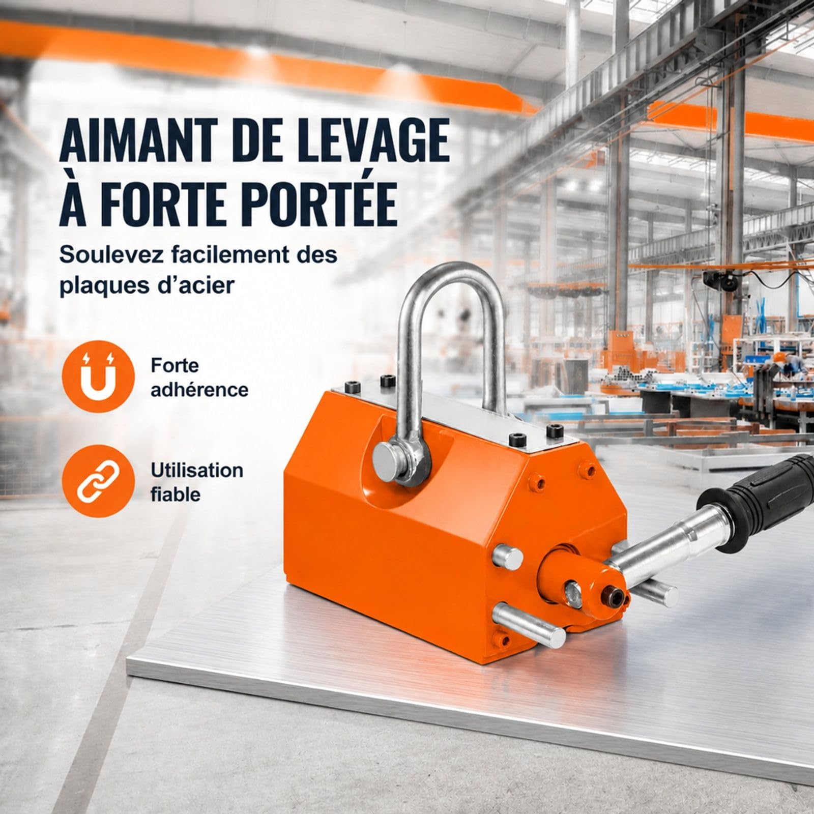 Aimant de levage 600 kg en néodyme avec crochet chromé pour manutention de tôles et matériaux magnétiques
