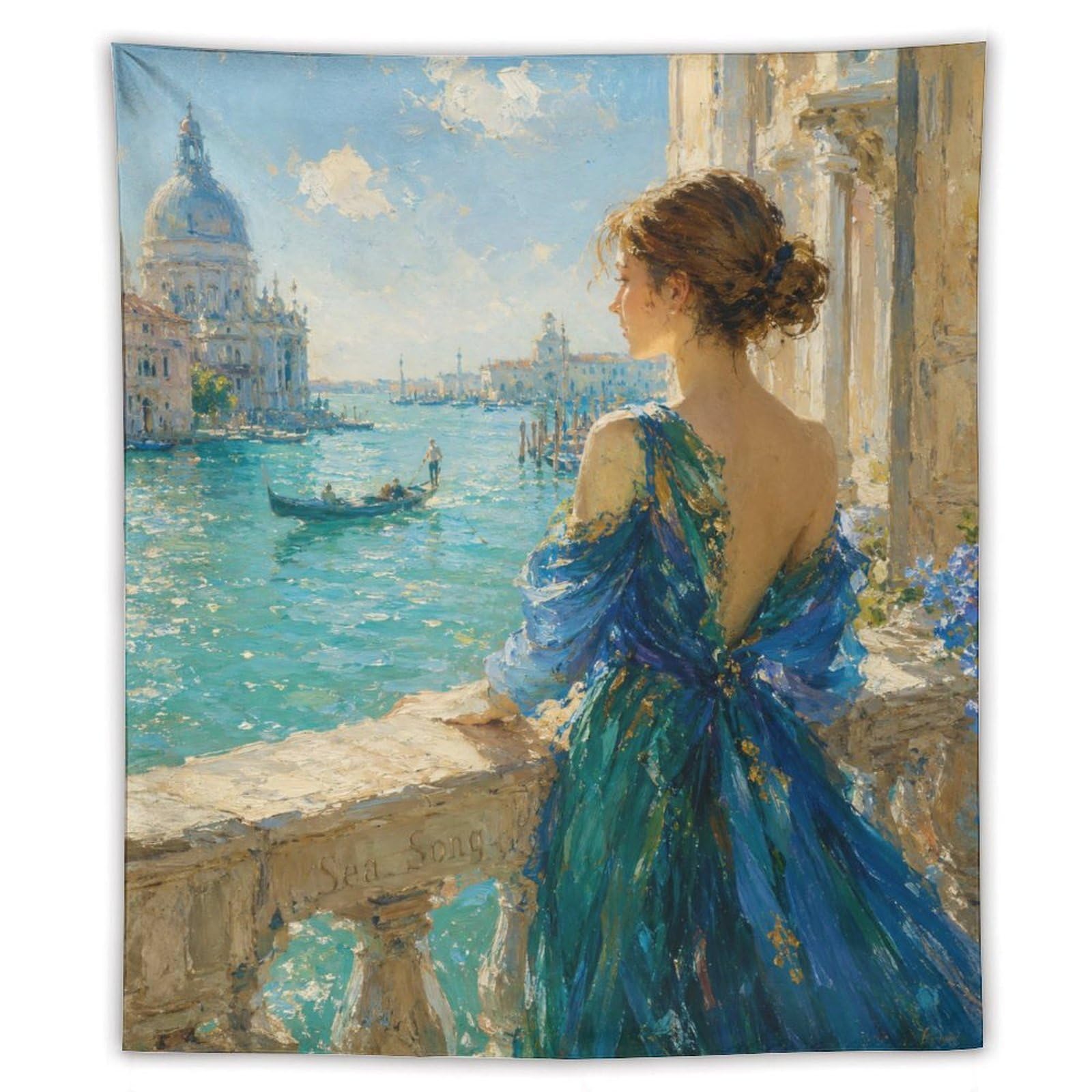 H3B8U2Y5 Woman by Venetian Water Wall Tapestry, Oil Painting, College Dorm