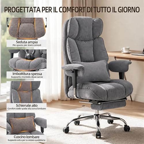 Efomao Sedia da Ufficio Ergonomica in Tessuto, Poltrona Scrivania Reclinabile con Poggiapiedi Estraibile, Schienale Alto, Supporto Lombare, Sedia Girevole per PC, Smart Working e Gaming (Grigio) - 3