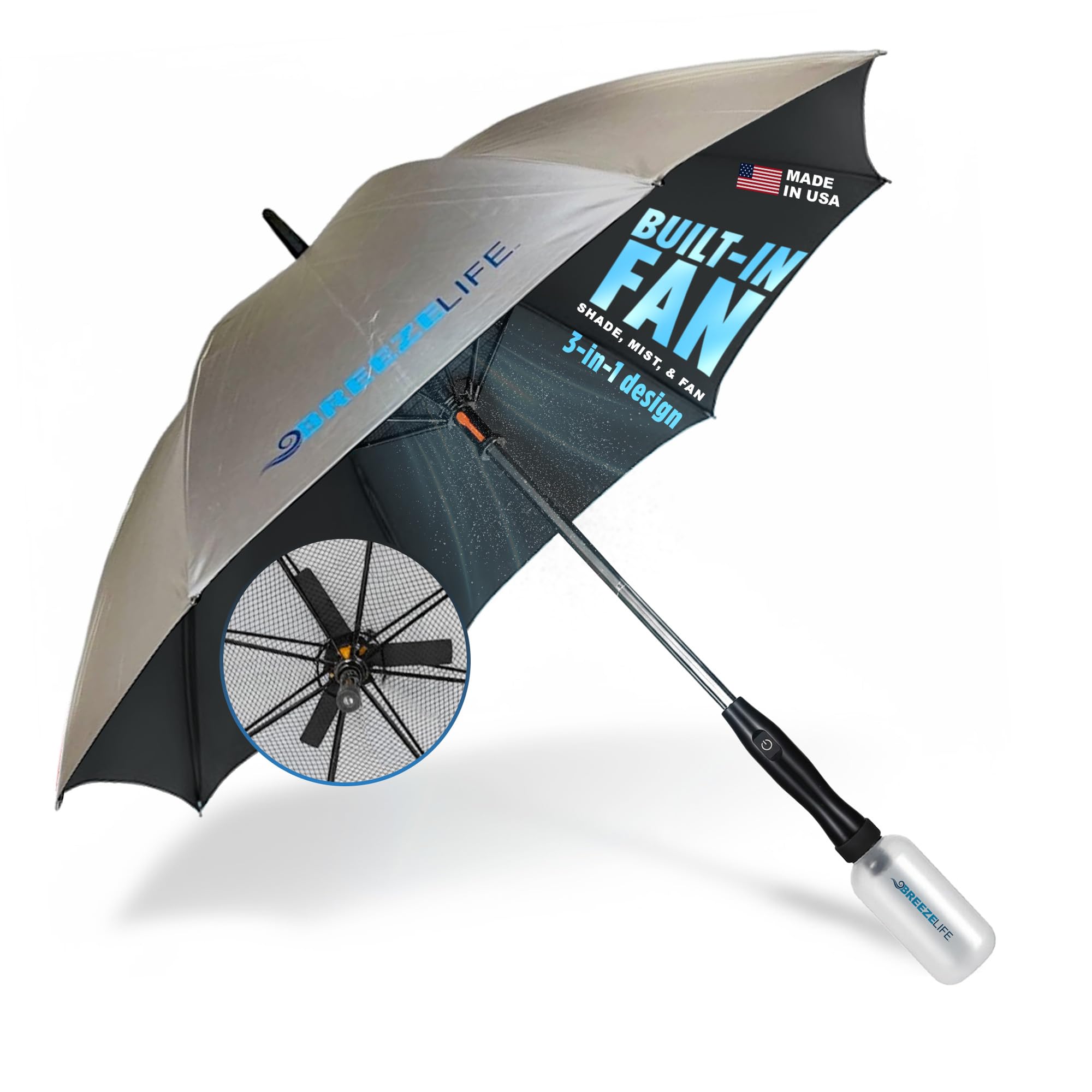 Rechargeable Mister Breeze, Sun Umbrella with Fan and Mister, Umbrella Mister with Built-in Fan, For Festivals, Beach and More, Blocks Harmful Sun Rays, Mist bottle included