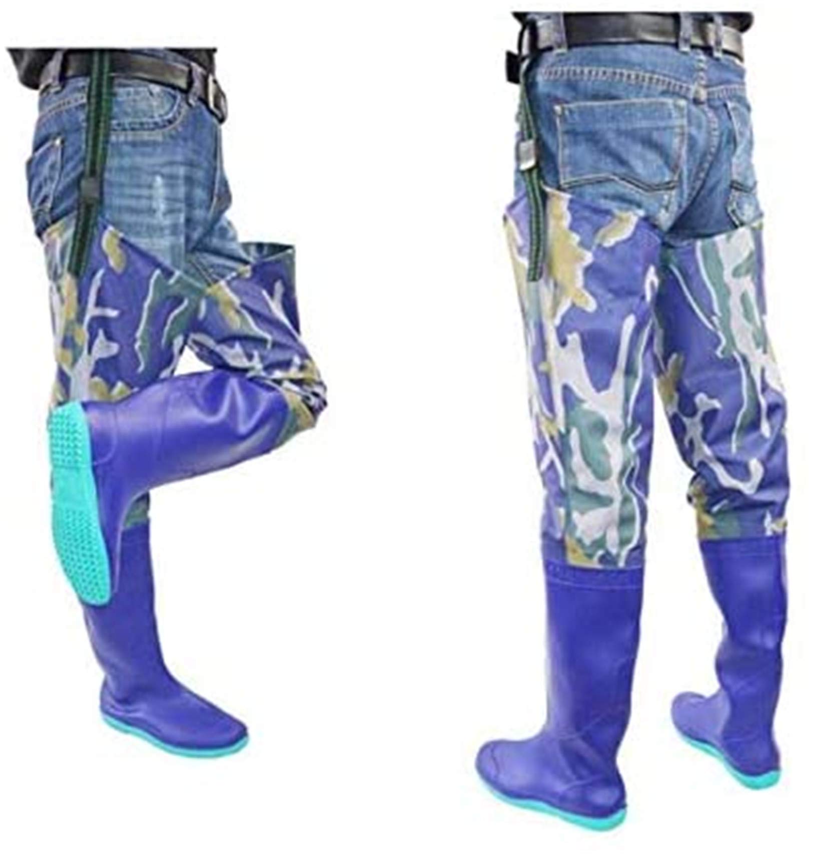 Leichte Atmungsaktive PVC-Angel Stiefel, 60cm Höhe Blau Tarnung Waders Schuhe, Wasserdichter und rutschfest Outdoor-Hose Hip Boots für Männer, Frauen