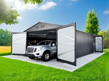 20 x 10 FT Outdoor Storage Shed, Metal Garage Shed with 2 Lockable Doors, Large Metal Building with 4 Air Vents, Galvanized Steel Prefab Storage House for Car, Truck, Bike, Tool, Black Upgrade