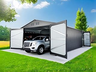 20 x 10 FT Outdoor Storage Shed, Metal Garage Shed with 2 Lockable Doors, Large Metal Building with 4 Air Vents, Galvanized Steel Prefab Storage House for Car, Truck, Bike, Tool, Black (Upgrade)
