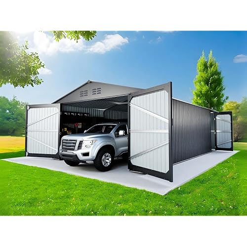 20 x 13 FT Outdoor Storage Shed, Metal Garage Shed with 2 Lockable Doors, Large Metal Building with 4 Air Vents, Galvanized Steel Prefab Storage House for Car, Truck, Bike, Tool, Black (Upgrade)