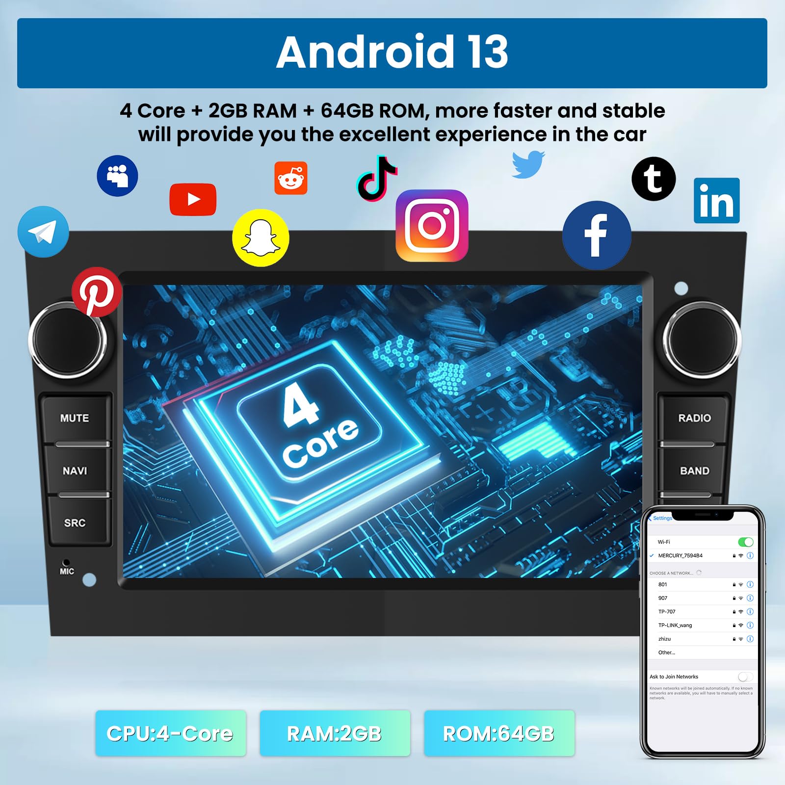 Inefala 2+64G Autoradio Android 13 para Opel Corsa Astra Antara Vivaro Meriva Vectra Radio Coche con Pantalla de 7 Pulgadas con Mirror Link/BT/Navegación GPS/Cámara de Respaldo
