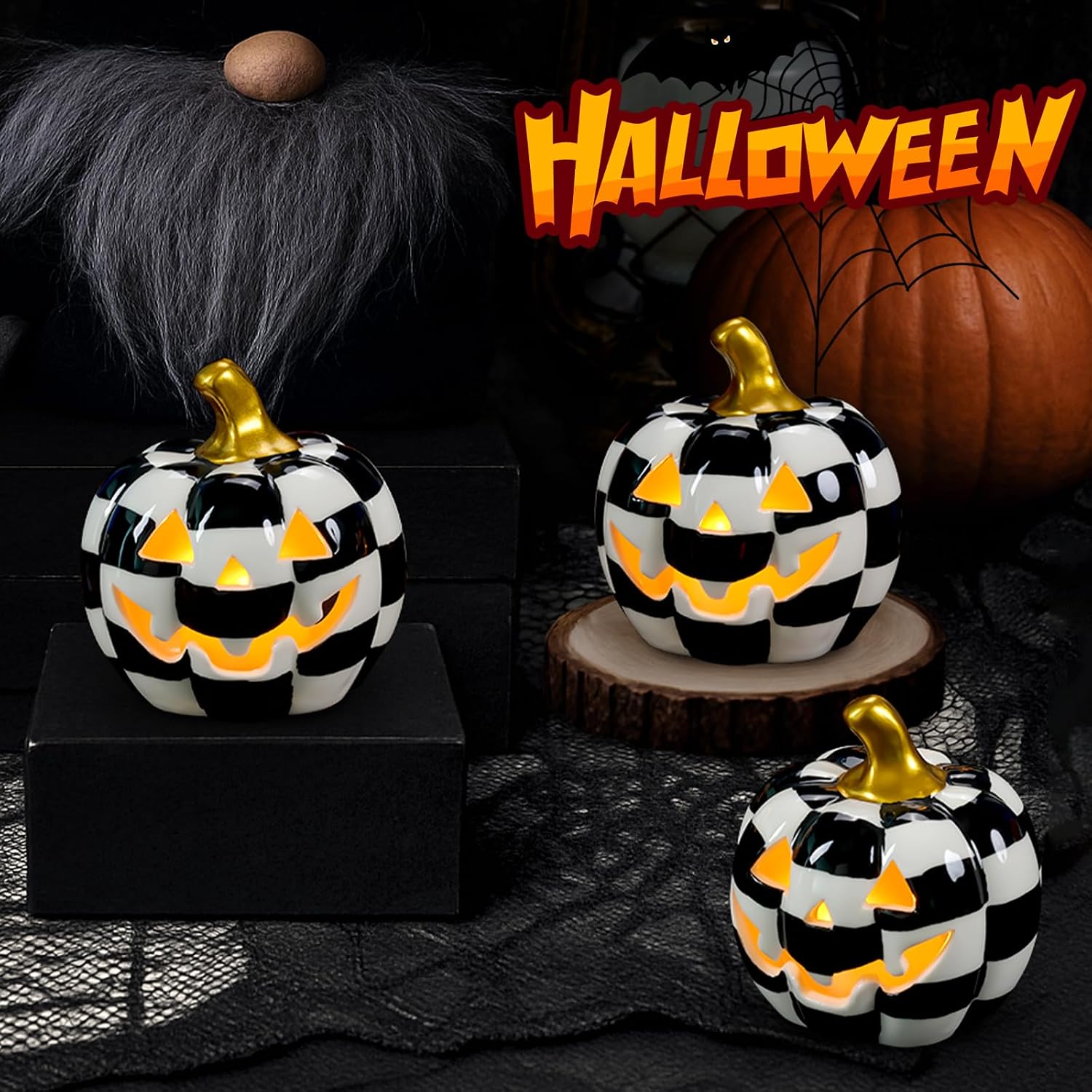 3Pack Ceramic Pumpkin with Tea Lights,Halloween Light up Pumpkins,Jack-O-Lantern Candle Holder,Black and White Pumpkins Tealight Holder for Halloween Indoor Tabletop Holiday Party Decorations