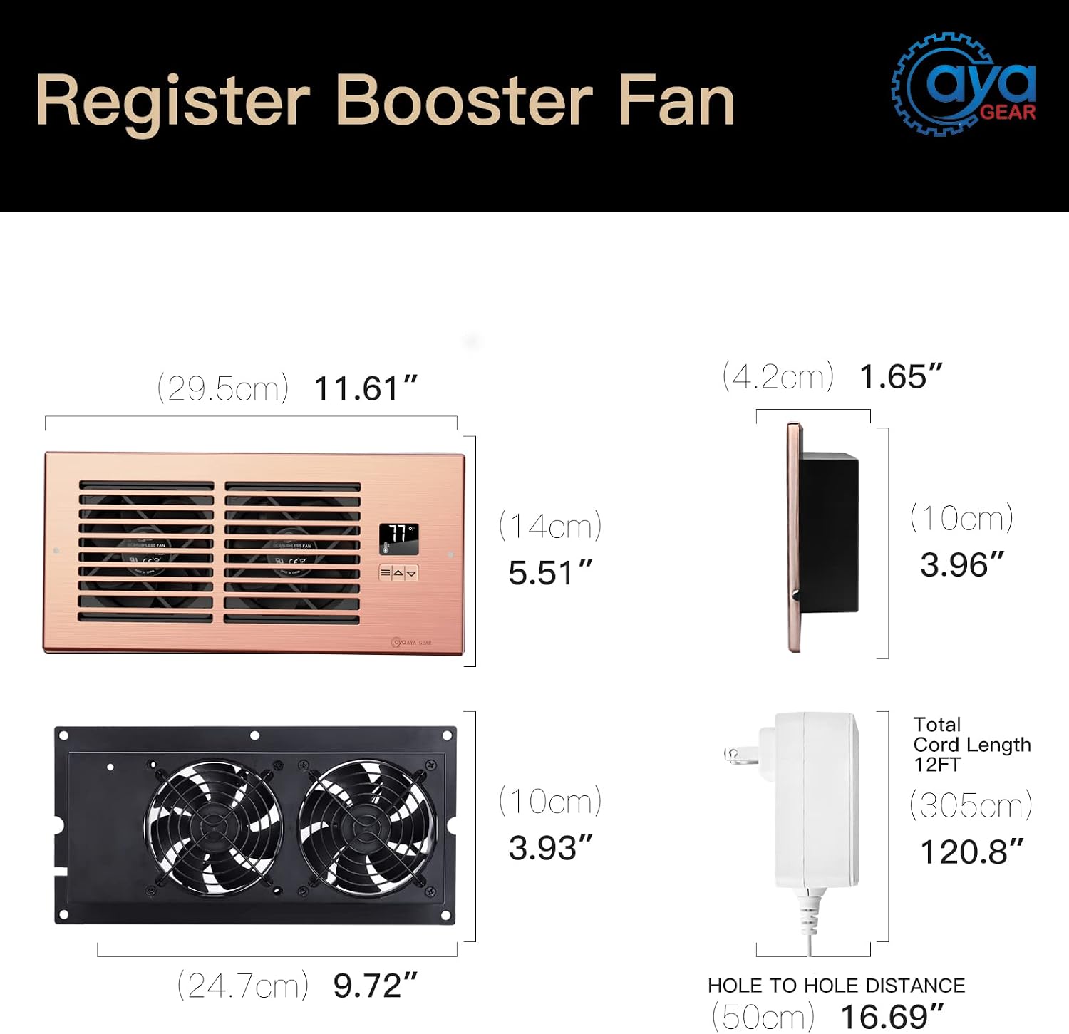 Register Booster Fan with Thermostat Control, Heating Cooling Fits 4” x 10” Holes, Brown
