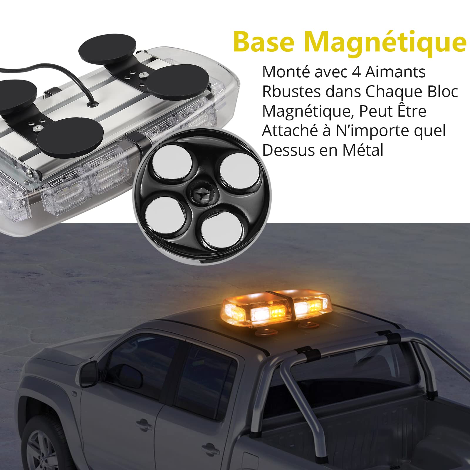 PROZOR 12 / 24V 36 Led Barre de LED D'Urgence 4 Forte Magnétique Lampe d'Avertissement Stroboscopique Avertissement Stroboscope Lumière Balise 3 Coulour Ambre + Blanc 36W pour Véhicule Camion Remorque
