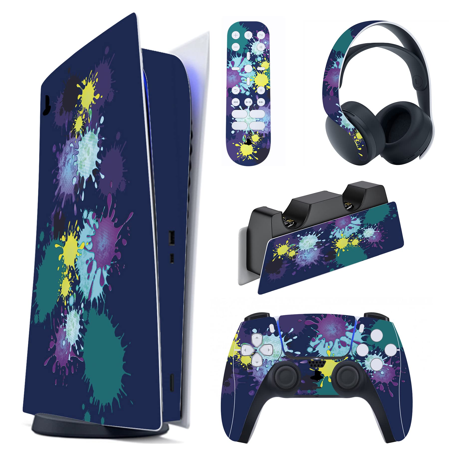 PlayVital Adesivo Skin per ps5 Standard Digital Edition, Cover Sticker Decal Vinile per ps5 Digital Console Controller Telecomando Cuffie Base di Ricarica, Spruzzi di Vernice