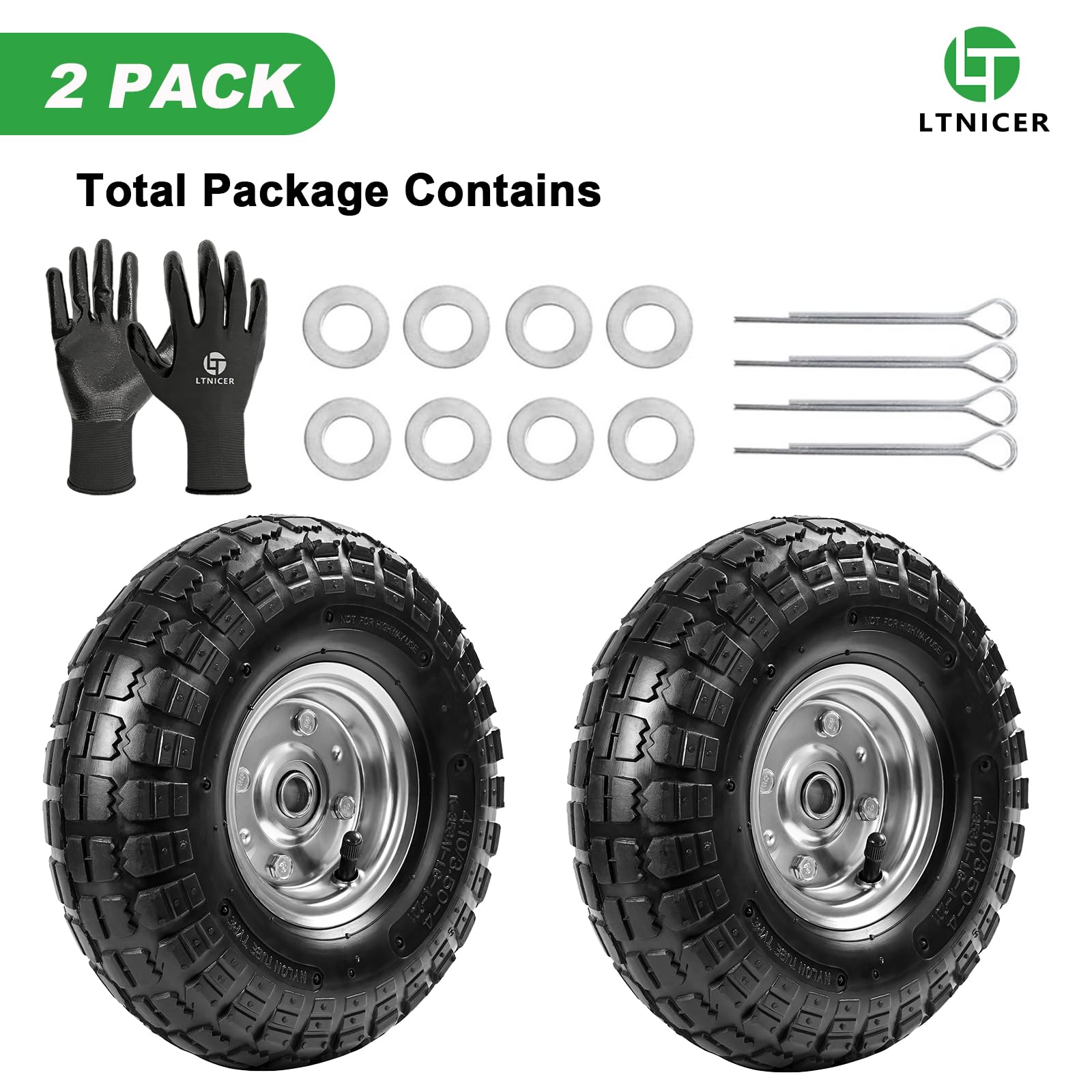 Neumáticos de repuesto resistentes de 10 pulgadas compatibles con carros Gorilla, camiones de mano, generadores, cortadoras de césped, 4.10/3.5-4 pulgadas con orificio de eje de 5/8 pulgadas y