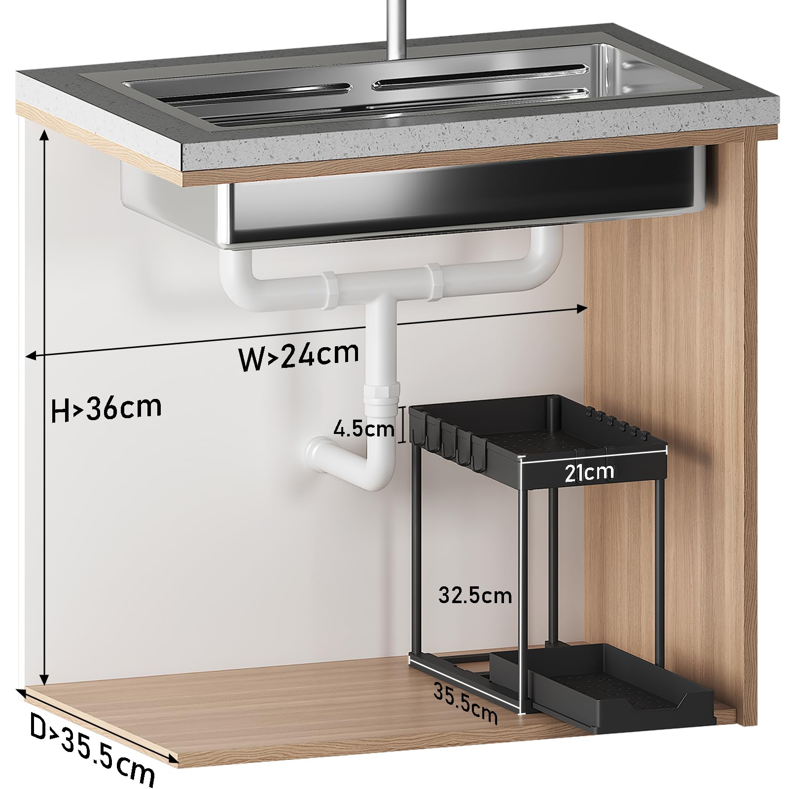 Meltrck 2 Paquete Organizador Cocina 2 Niveles para Debajo del Fregadero - Organizador Extraíble Estante Almacenamiento Debajo Fregadero con 16 Ganchos,Negro