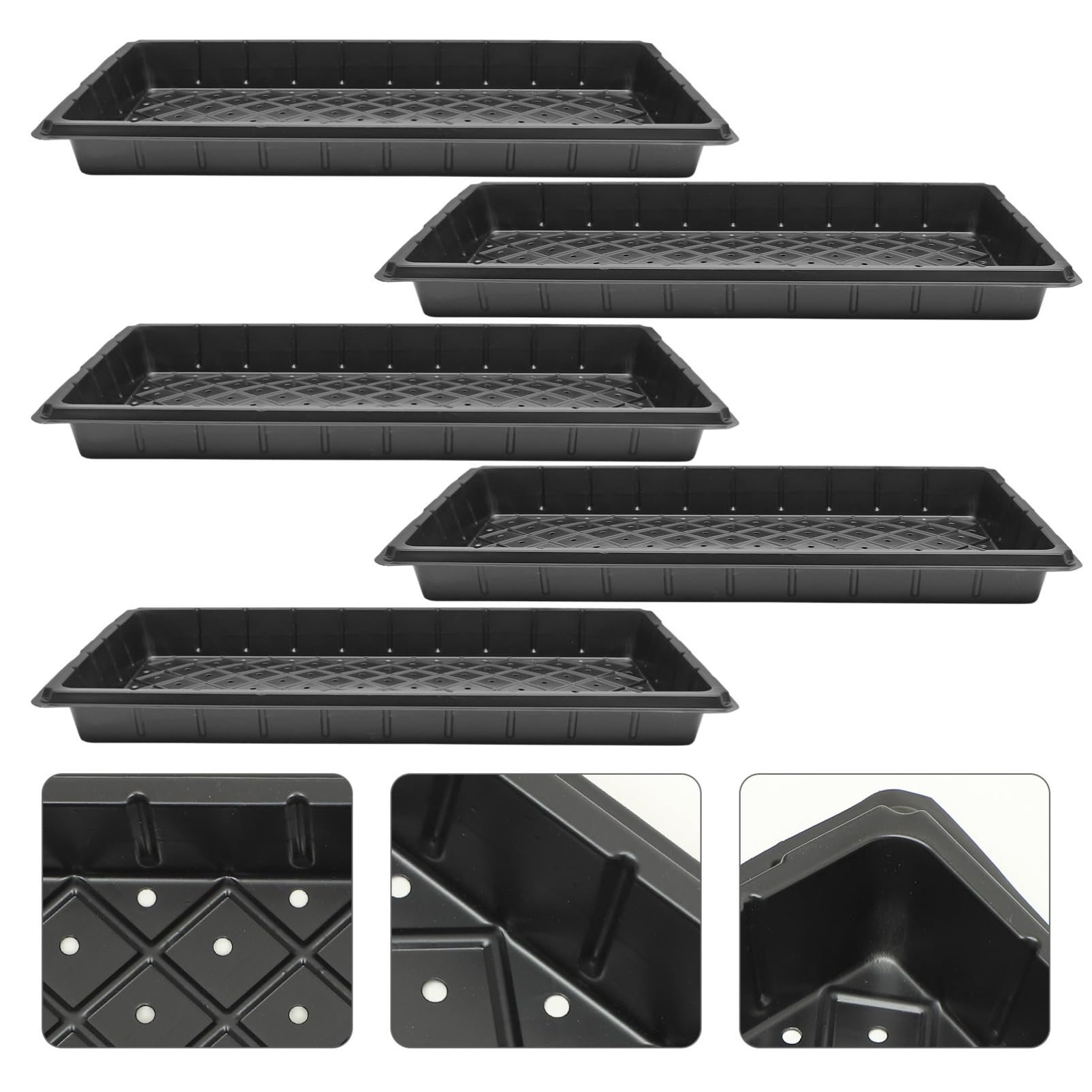 Plateau de Démarrage pour Pépinière Noir, 5 Pièces, Plastique Réutilisable | Trous, Robuste Bavure, pour Semis et Germination, Lot de Cinq, Usage Agricole