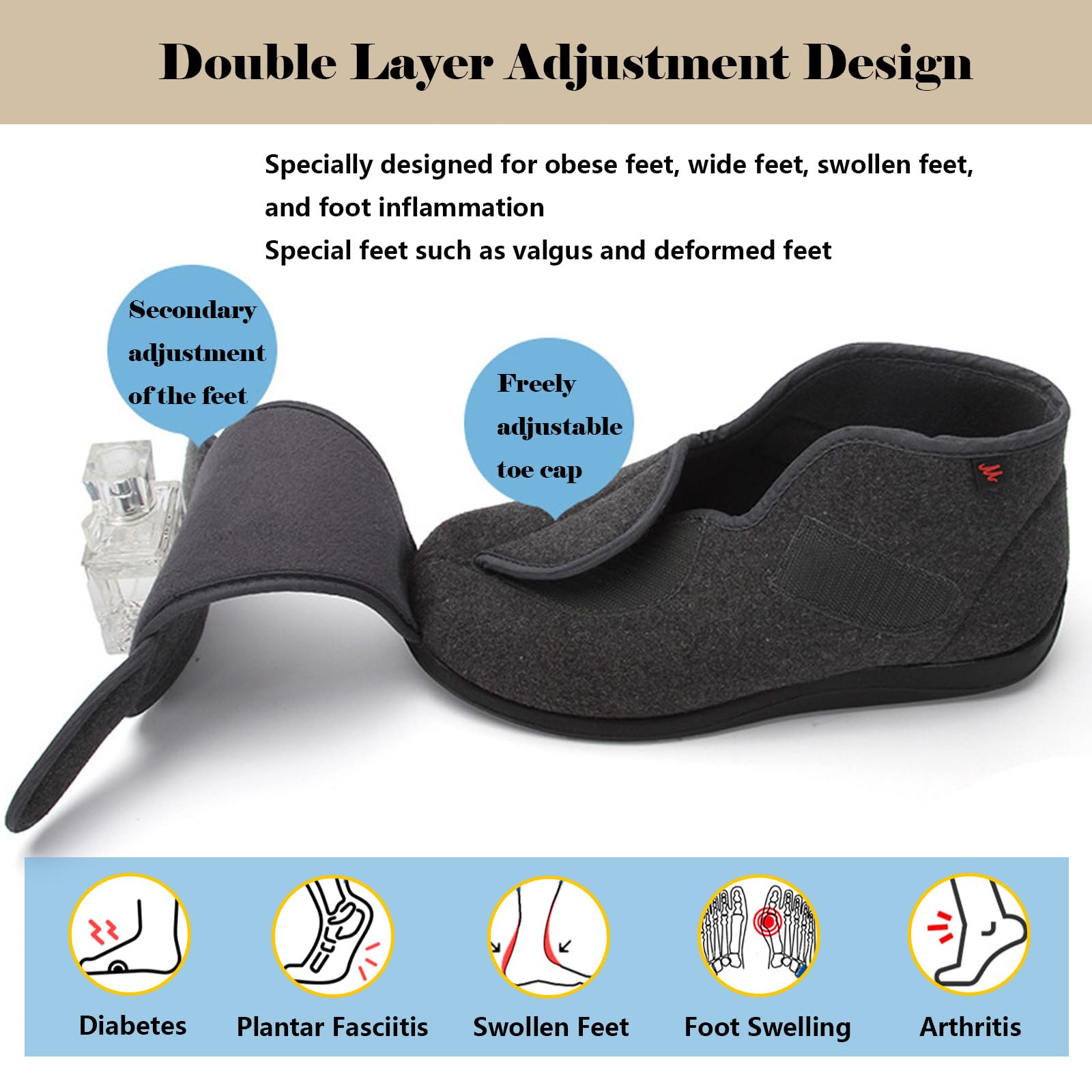 bumuam Respirable Zapatillas Zapatos,Zapatillas Ortopédicas para Diabéticos Extra Anchas para Ancianos, Cierre Ajustable para Pies Hinchados, Edema, Artritis EU 32(21.5cm/8.4in)