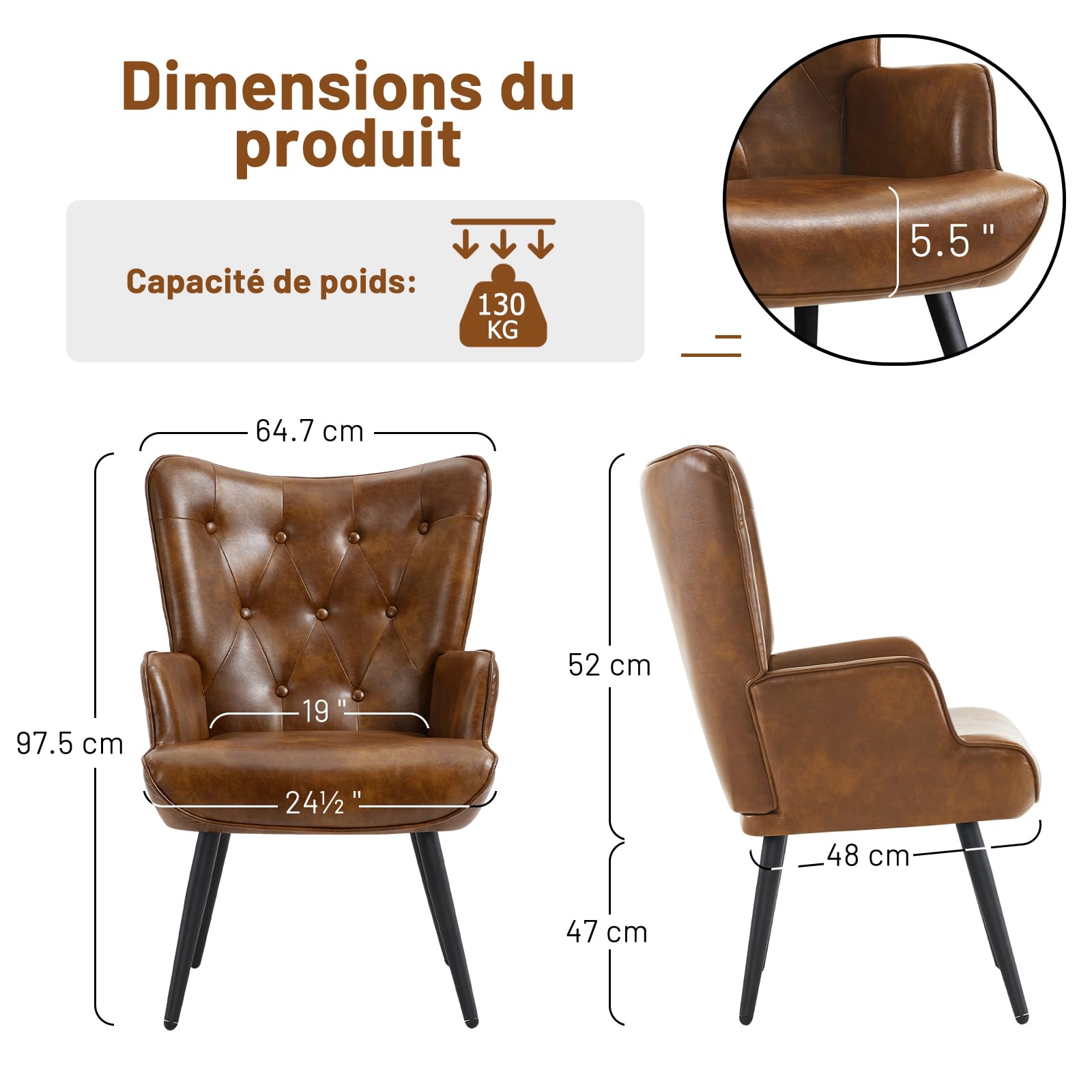 Fauteuil Salon Relax, Fauteuil Scandinave Moelleux en Similicuir Chaise Bouclette avec Accoudoirs & Dossier Ergonomique pour Salle à Manger, Salon, Chambre, Siege Bureau, Allaitement, Brun