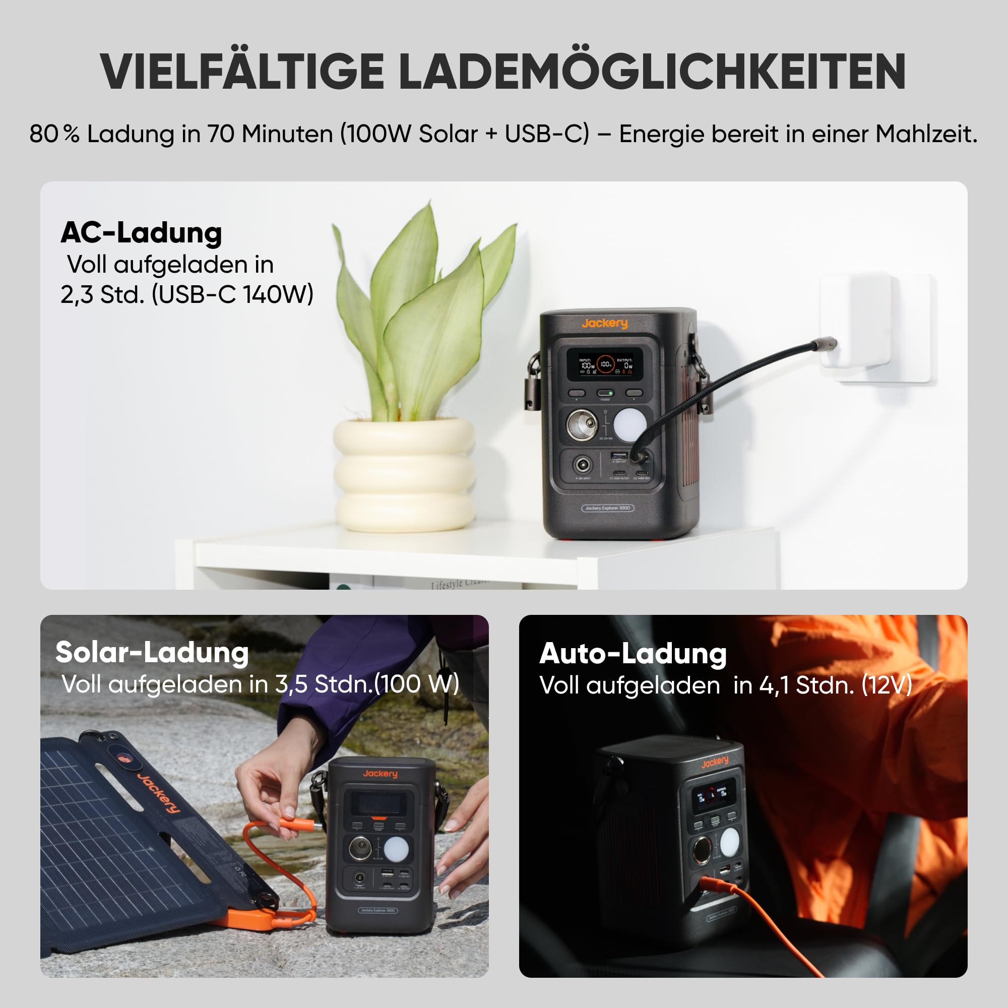 Jackery Explorer 300D Tragbare Powerstation, 288Wh LFP-Batterie, 300W DC Power, 2x USB-C bis 140W, leichter & kompakter Solargenerator für Camping, Reisen & Wohnmobile