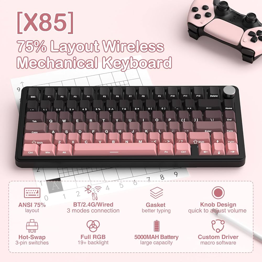 Ki⭐︎⭐︎ X85 Mechanical Gaming Keyboard 75% Hot Swappable Wireless