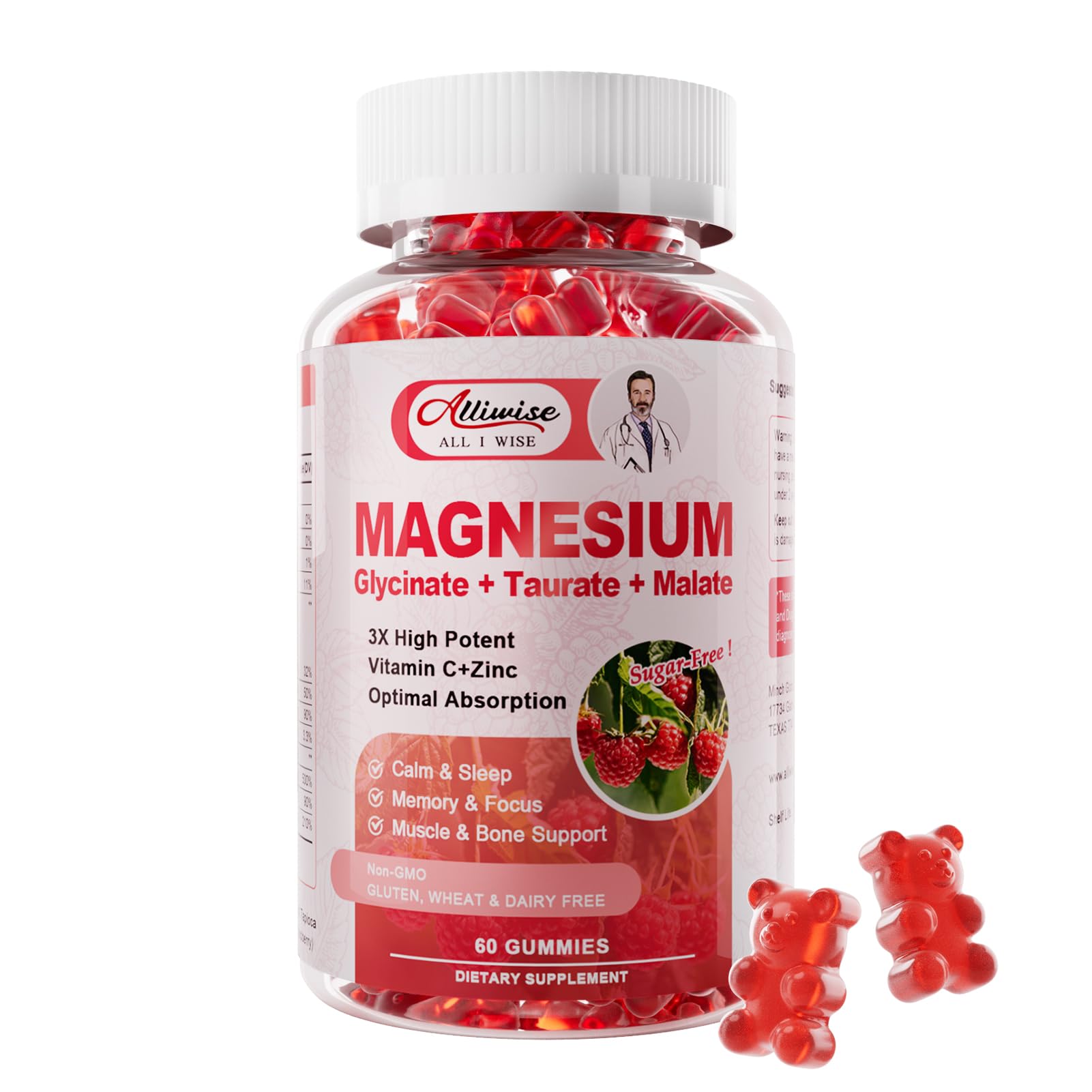 Magnesium Glycinate Gummies,Magnesium Potassium Supplement with Taurate, Malate, Vitamins D, C, B6, Calcium,Body Support,Raspberry Magnesium Gummies for Adults&Kids