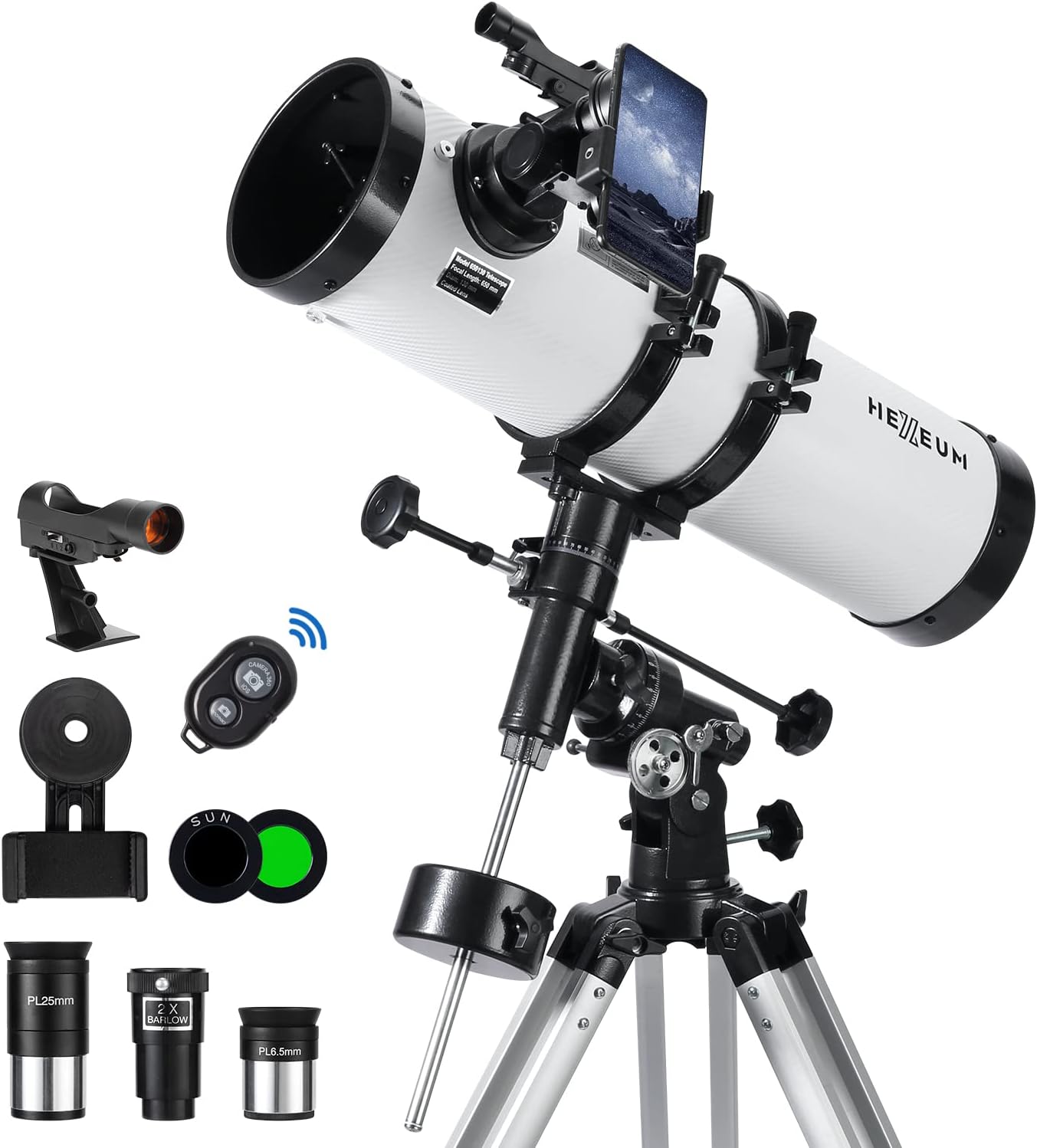 Telescope 130EQ Astronomical Reflector Telescope - Manual Equatorial Telescope for Adults Astronomy. Comes with 2X Barlow Lens Phone Adapter and Moon Filter, Wireless Control